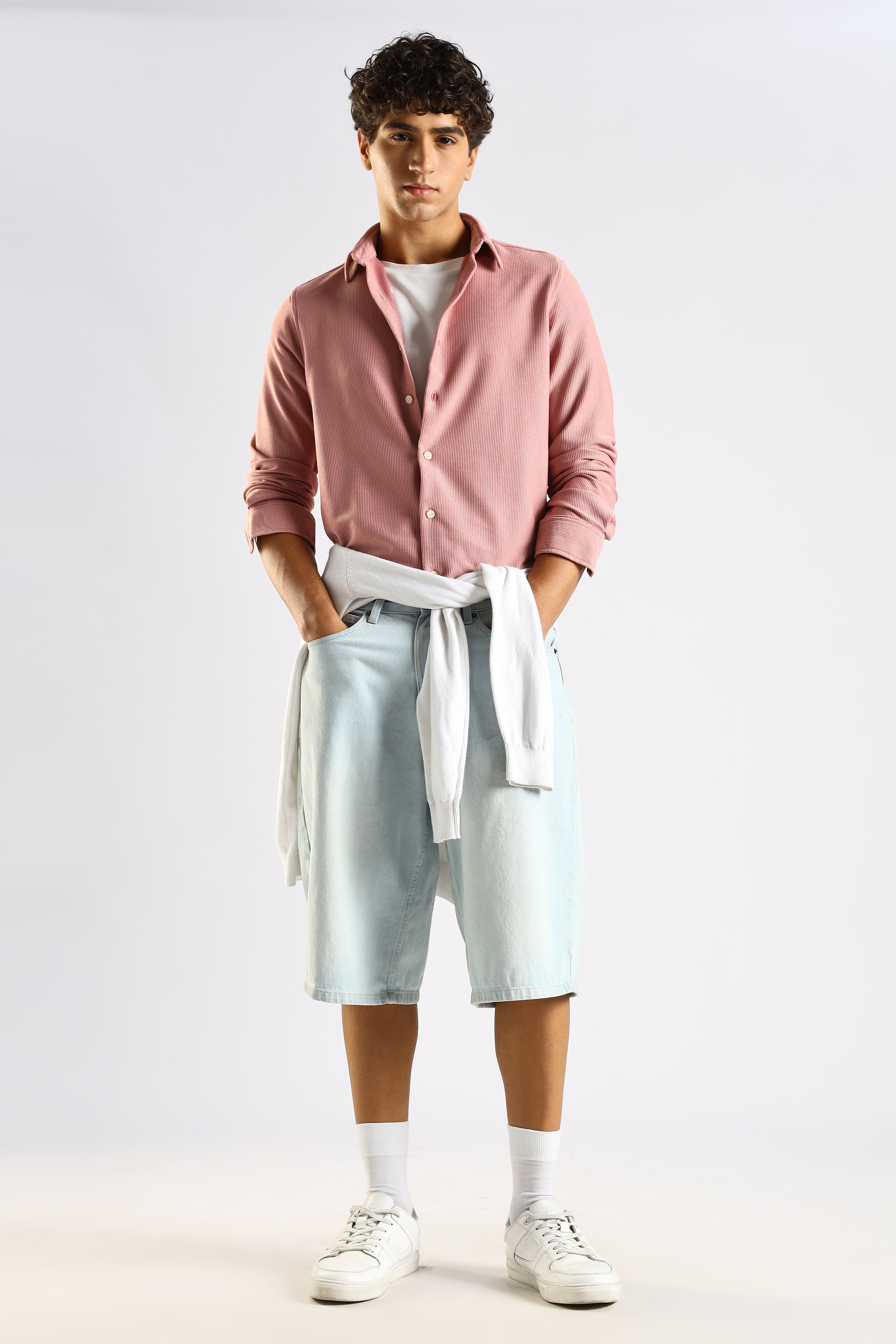 Men Pink Textured Spread Collar Shirt