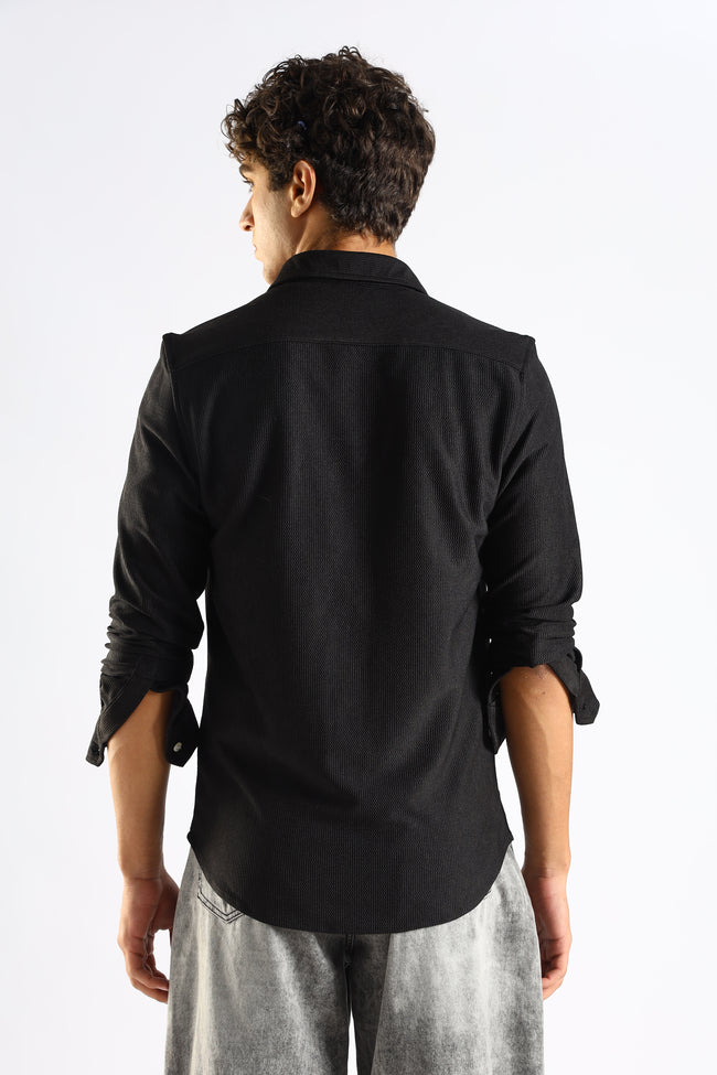 Men Black Textured Spread Collar Shirt