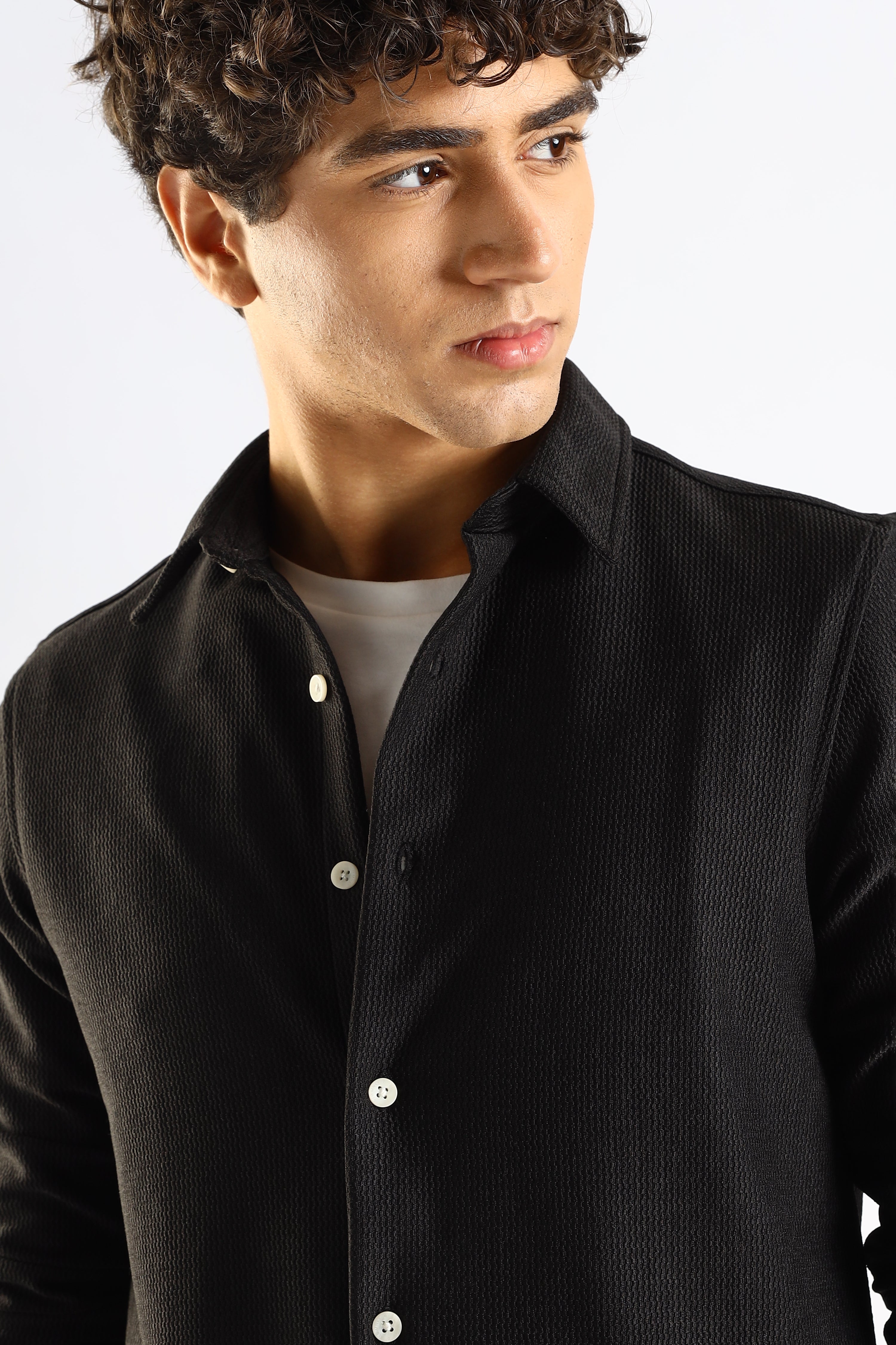 Men Black Textured Spread Collar Shirt