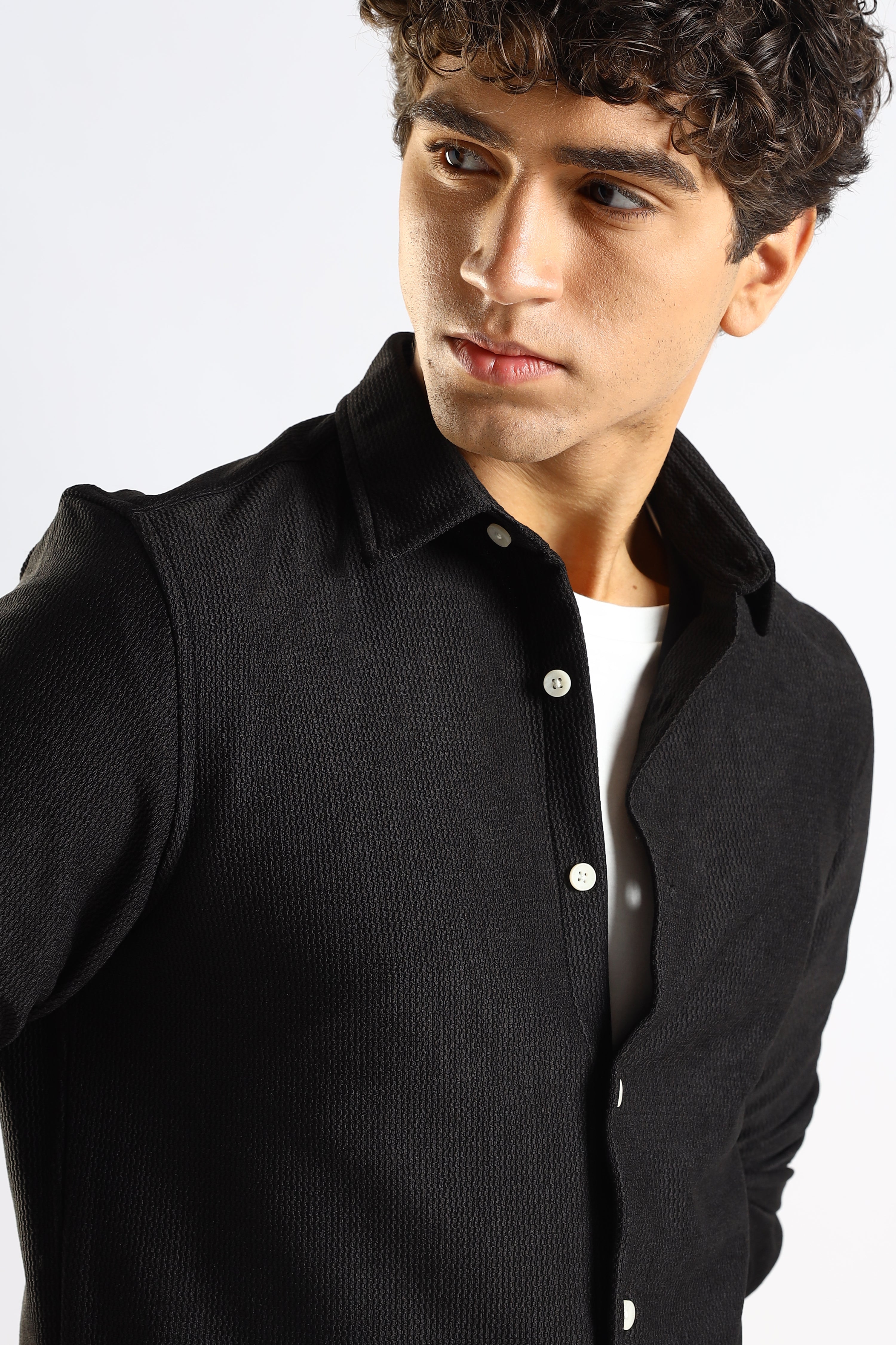 Men Black Textured Spread Collar Shirt
