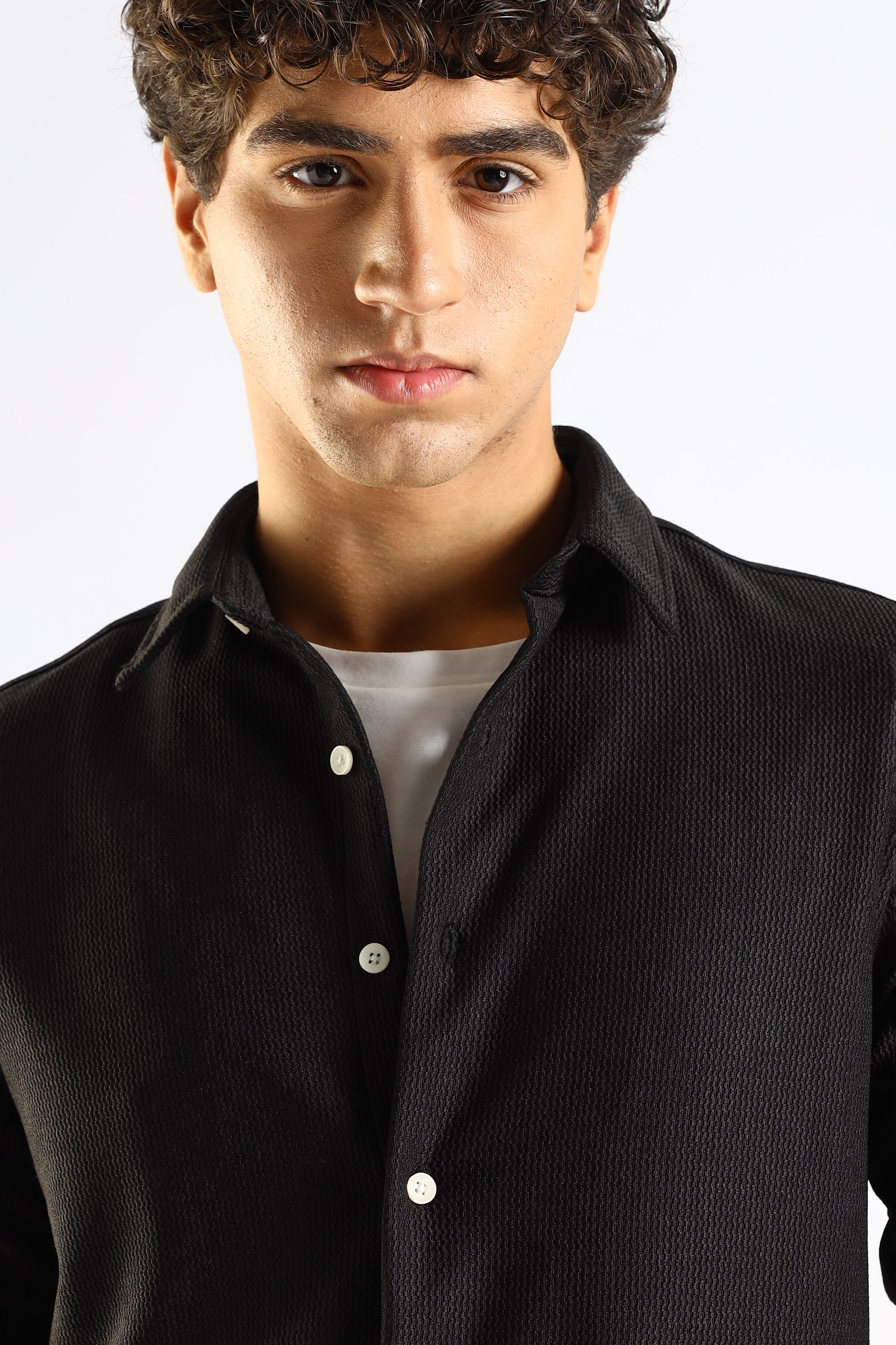 Men Black Textured Spread Collar Shirt