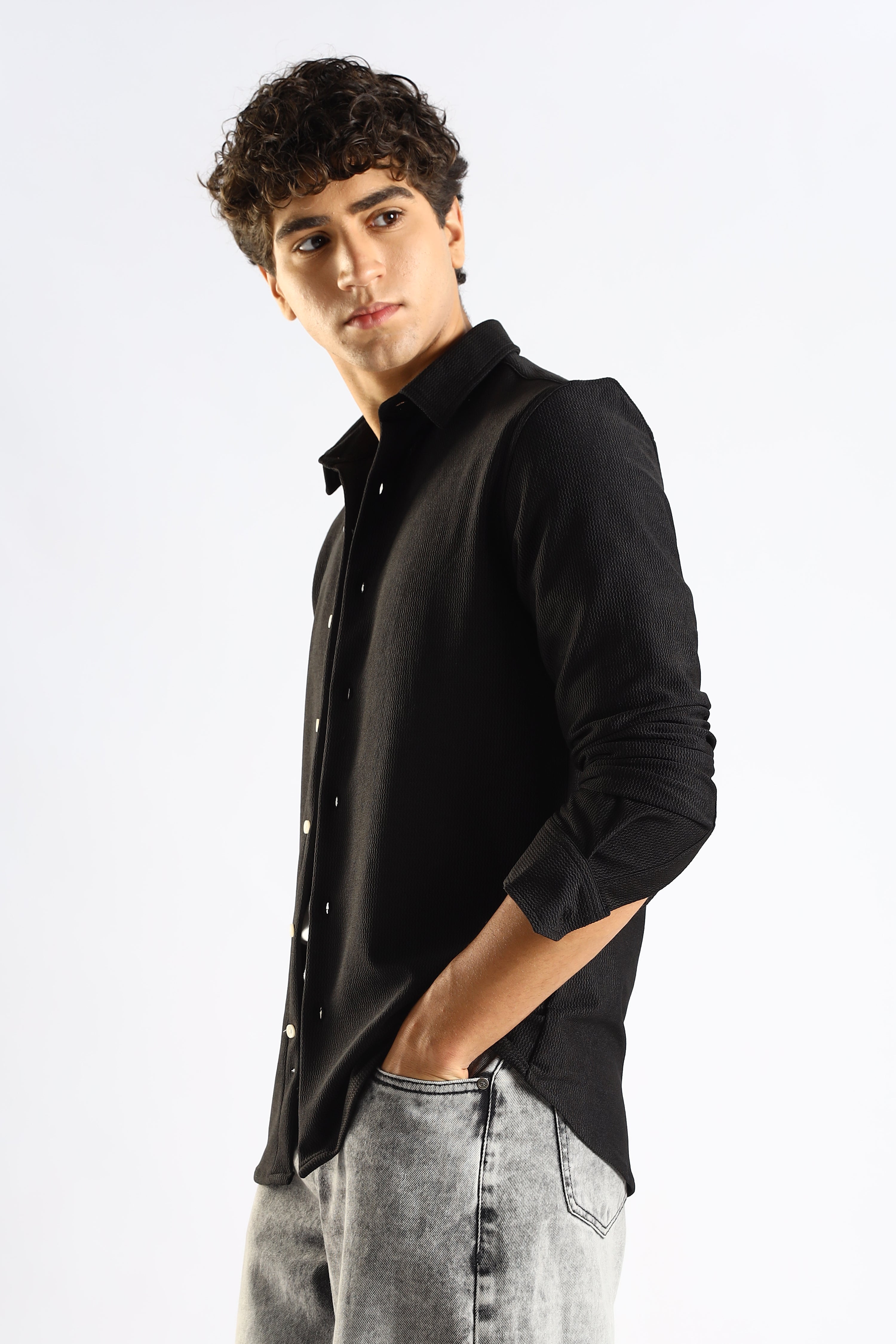 Men Black Textured Spread Collar Shirt