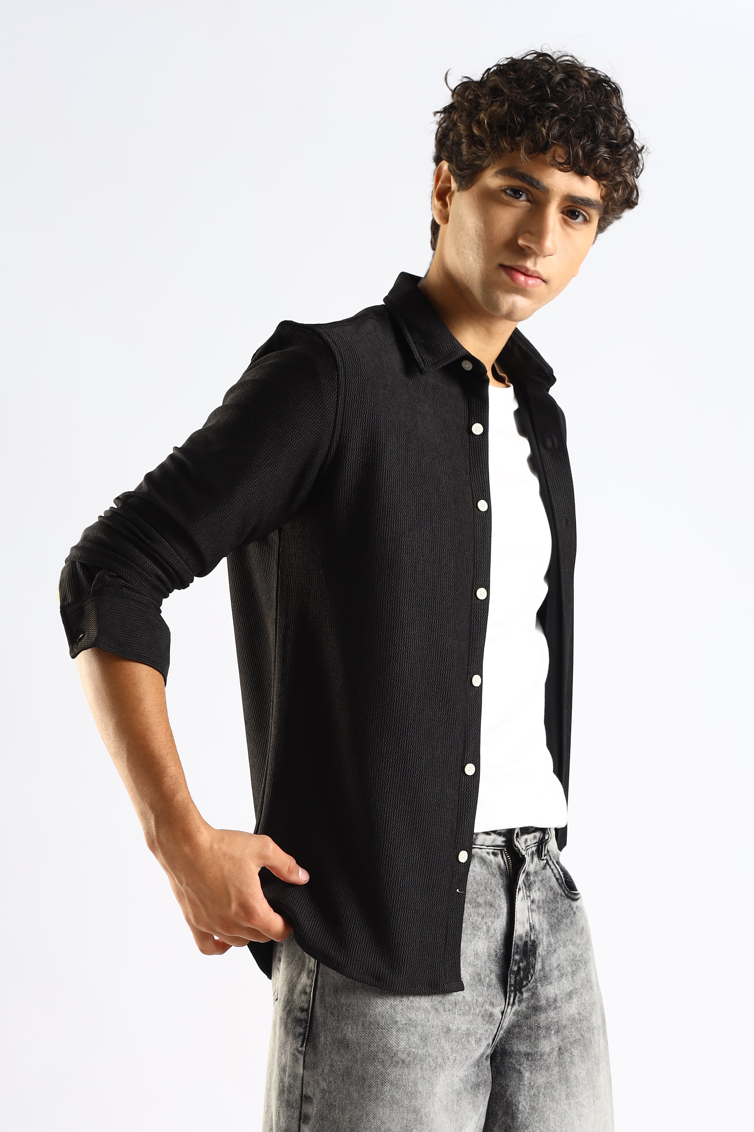Men Black Textured Spread Collar Shirt