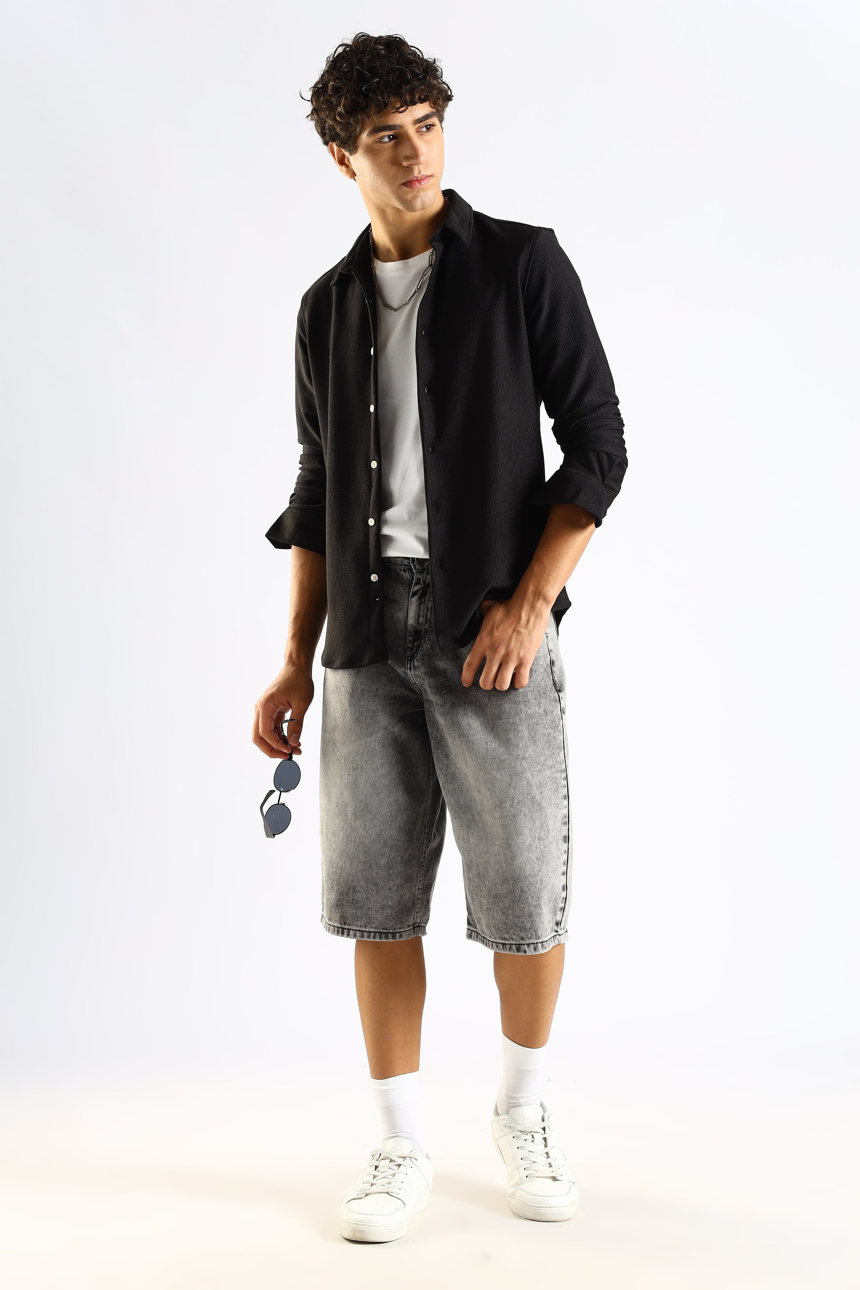 Men Black Textured Spread Collar Shirt