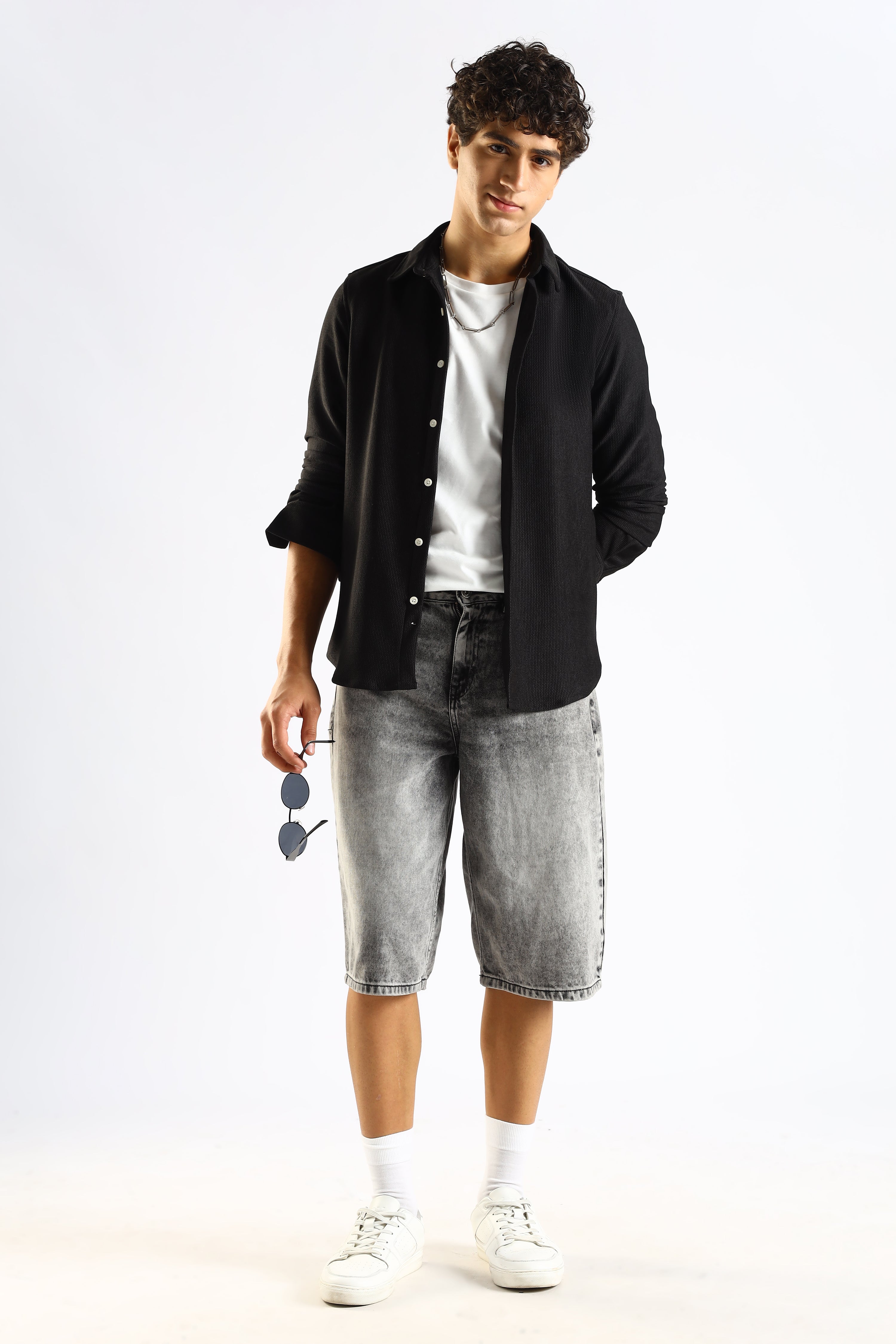Men Black Textured Spread Collar Shirt