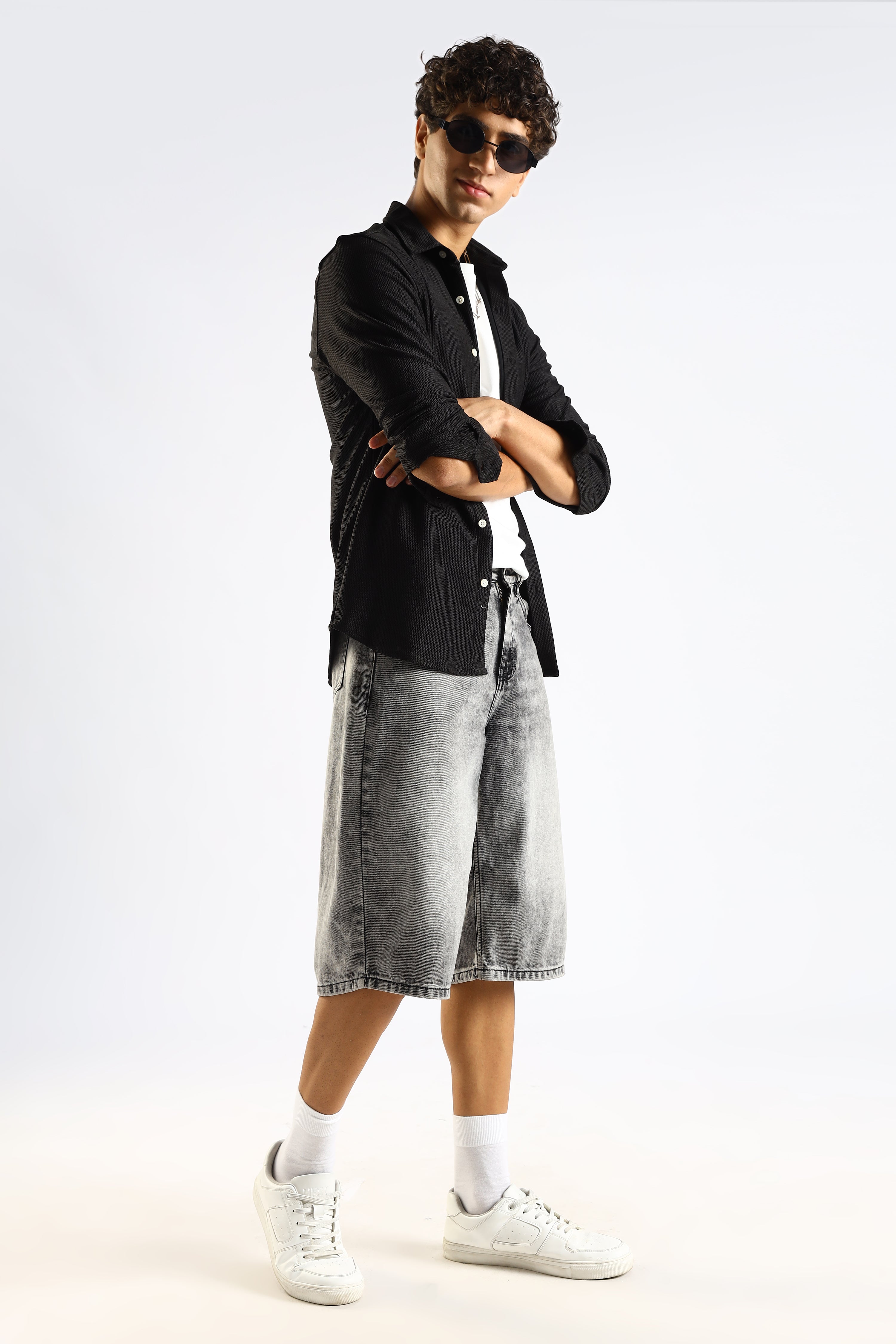 Men Black Textured Spread Collar Shirt