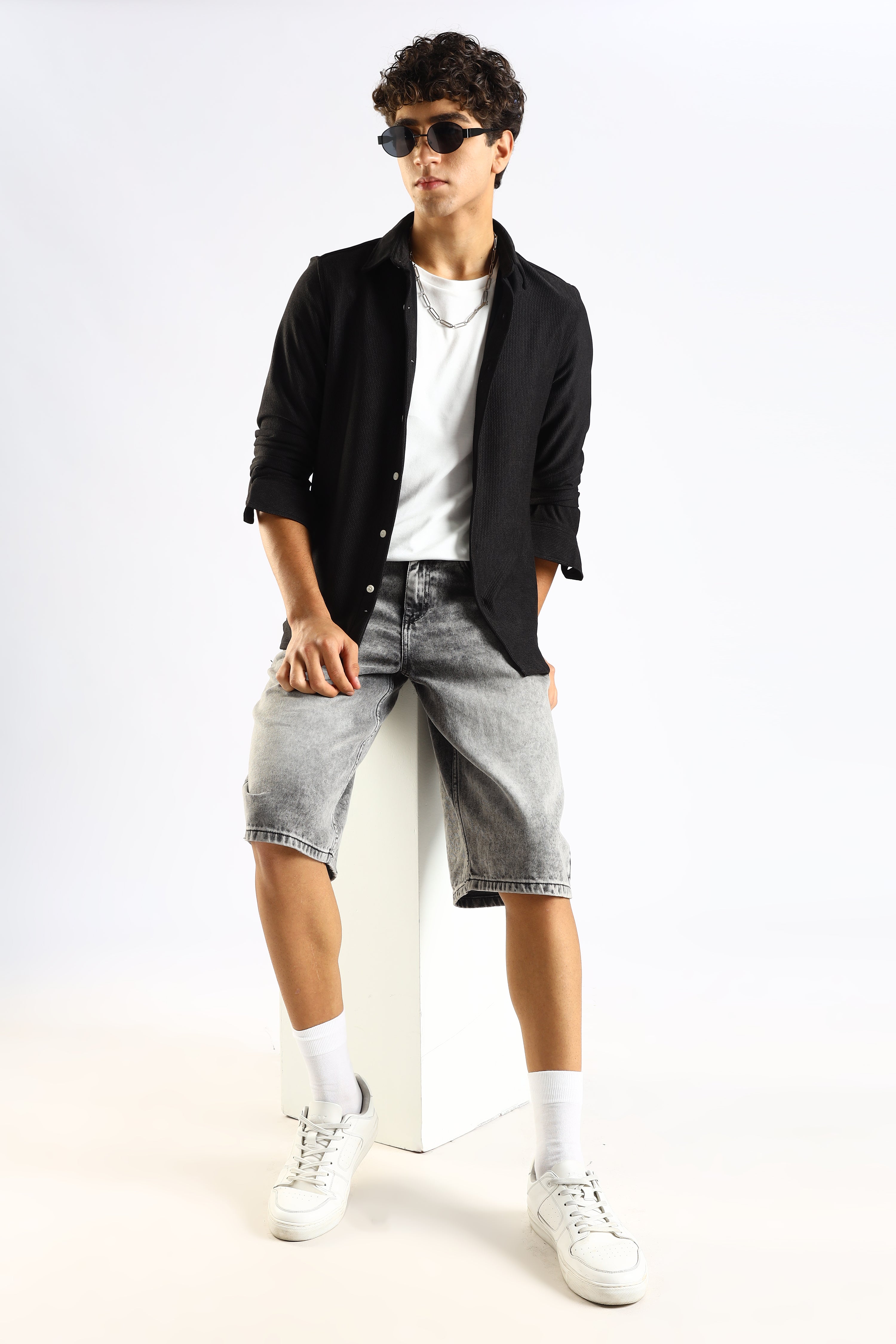 Men Black Textured Spread Collar Shirt