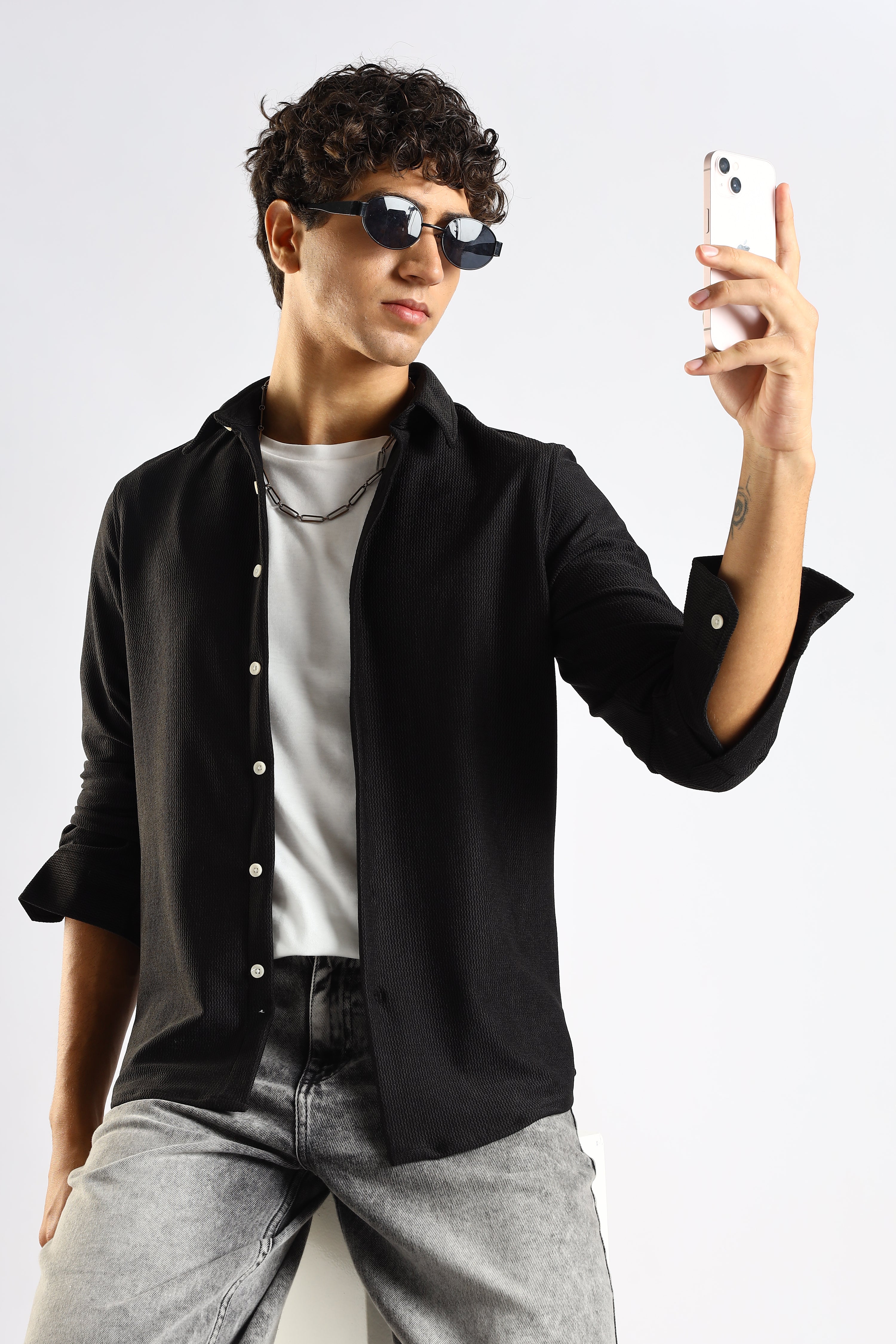 Men Black Textured Spread Collar Shirt