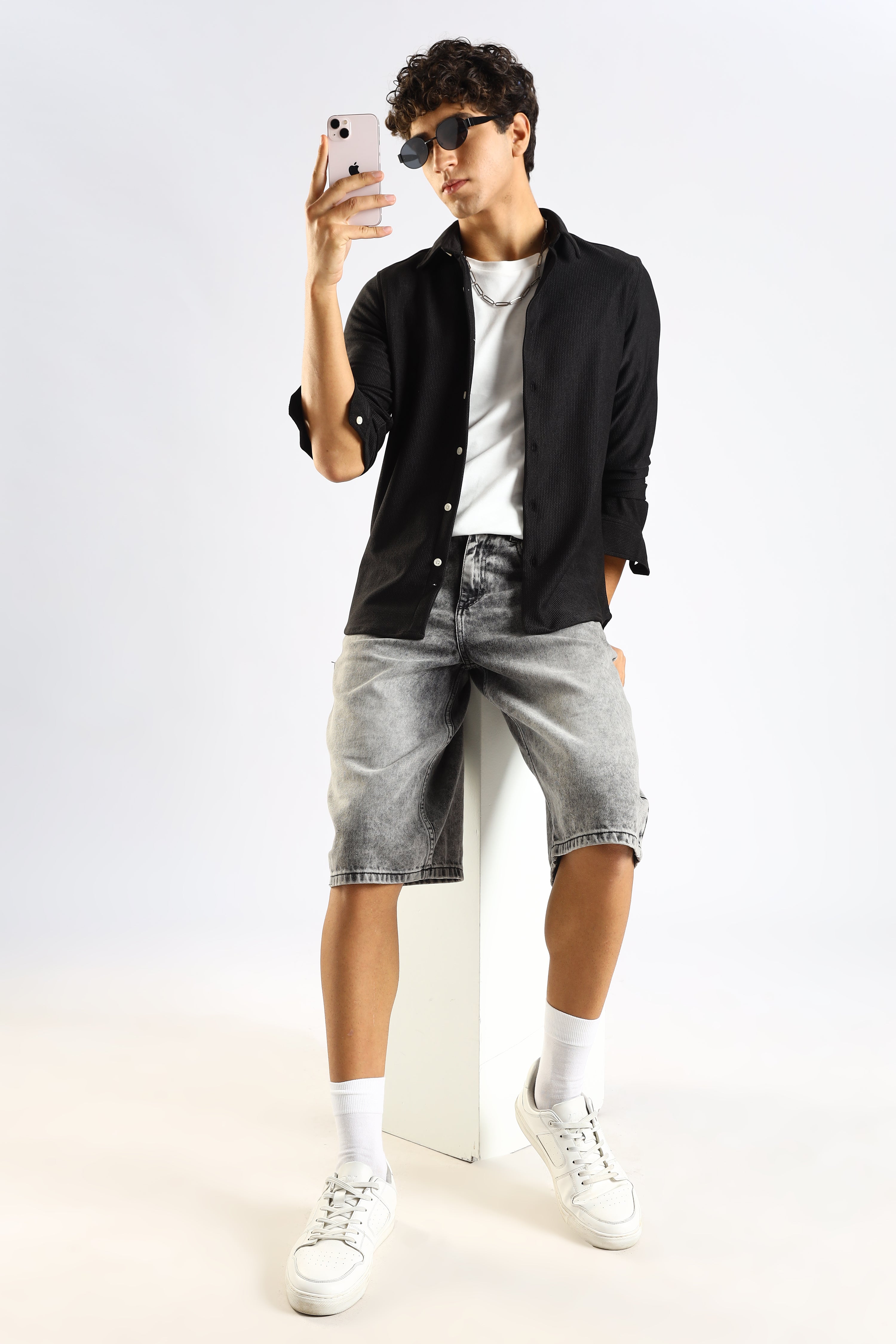 Men Black Textured Spread Collar Shirt