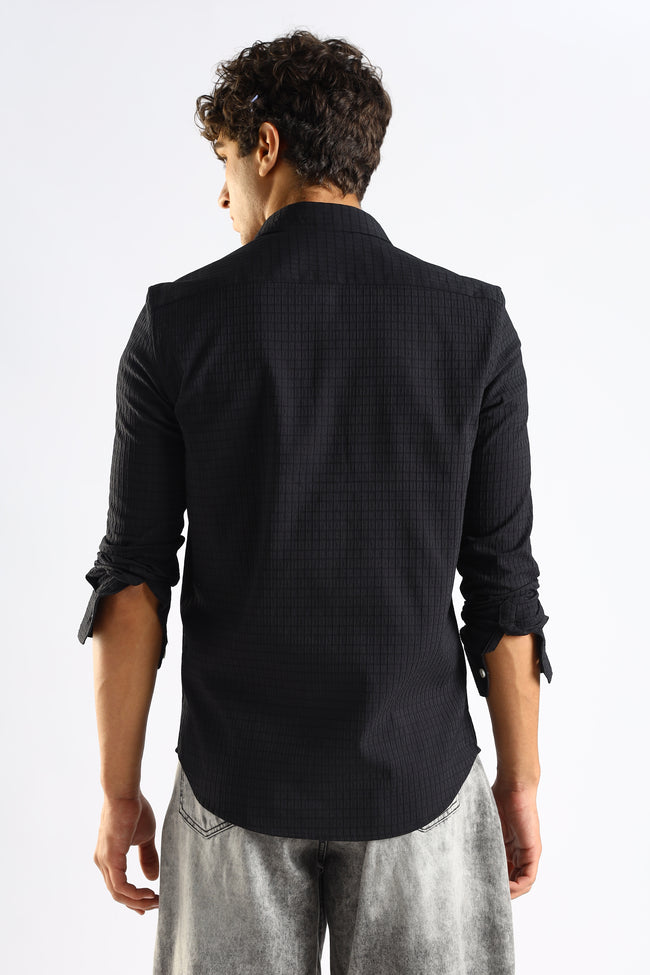 Men Black Poly Blend Slim Fit Shirt