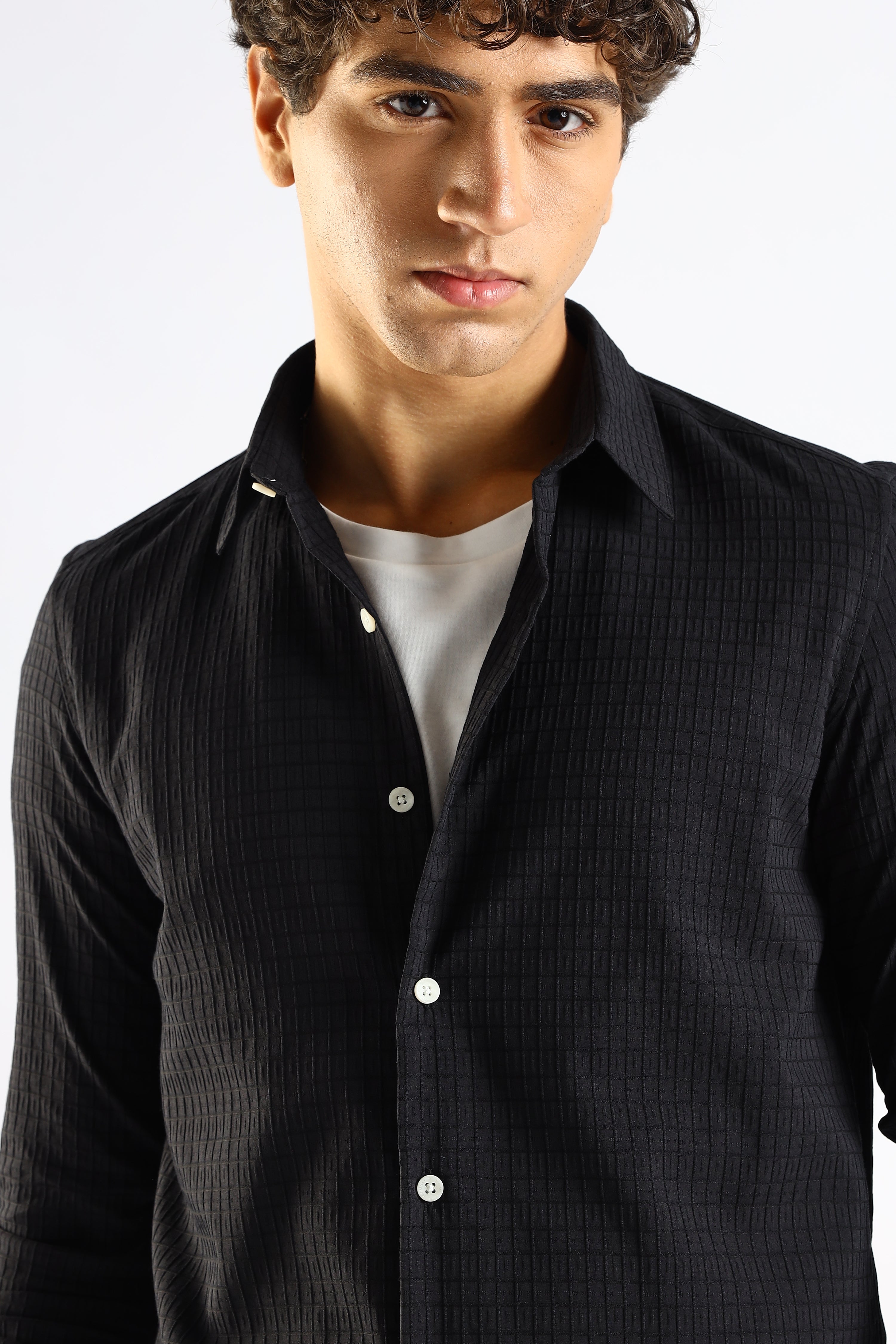 Men Black Poly Blend Slim Fit Shirt