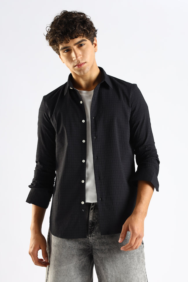 Men Black Poly Blend Slim Fit Shirt