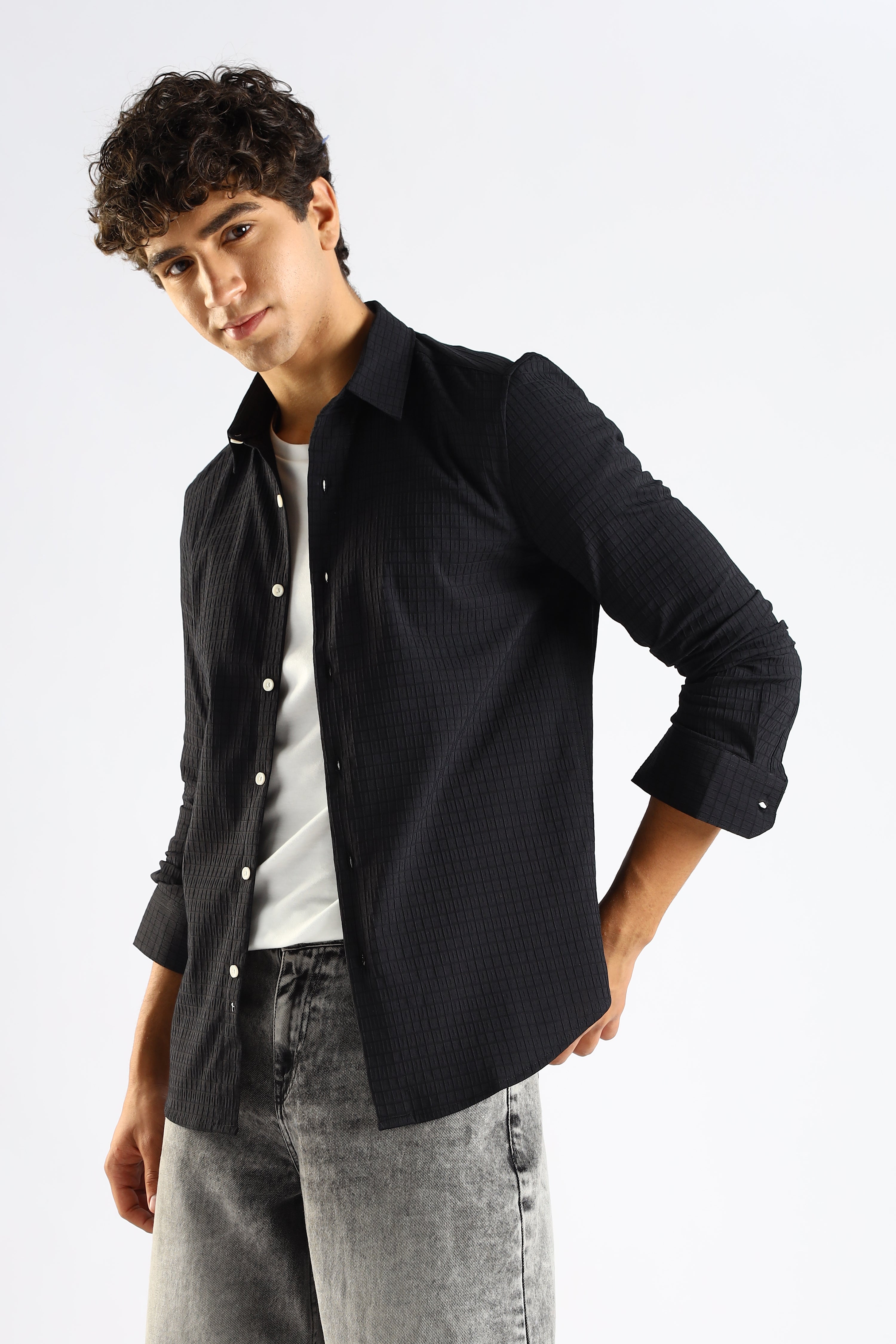 Men Black Poly Blend Slim Fit Shirt