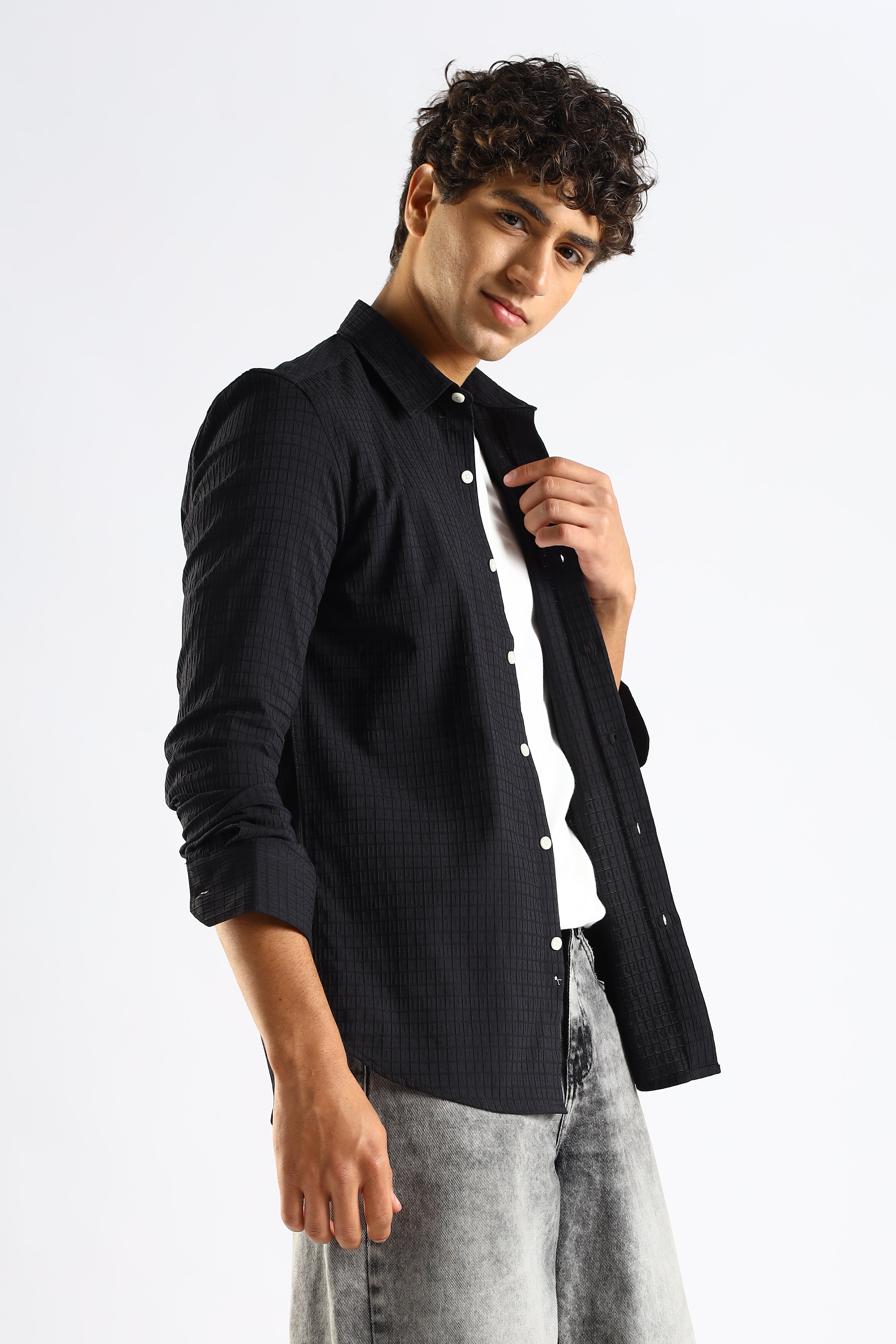 Men Black Poly Blend Slim Fit Shirt