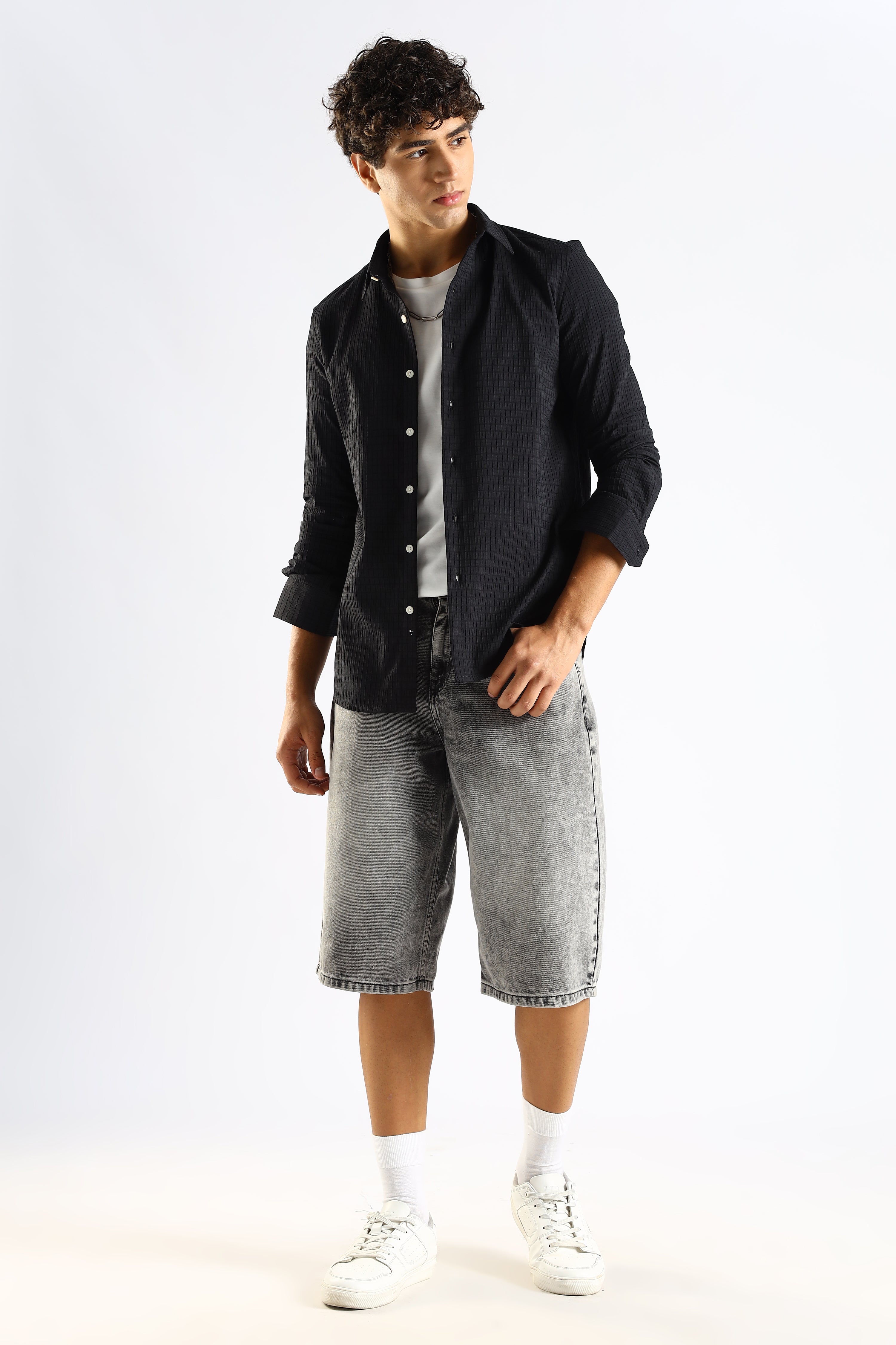 Men Black Poly Blend Slim Fit Shirt