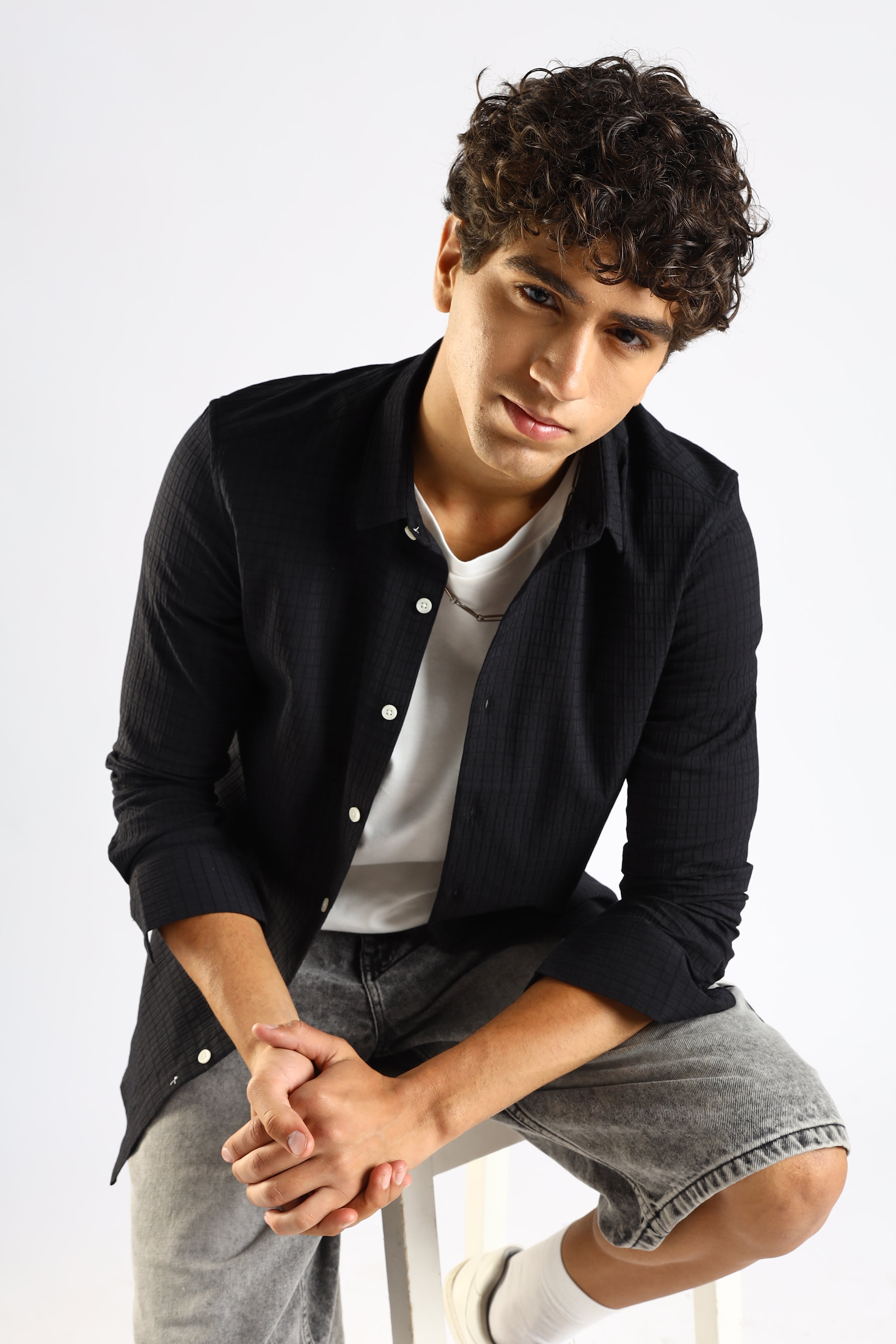 Men Black Poly Blend Slim Fit Shirt