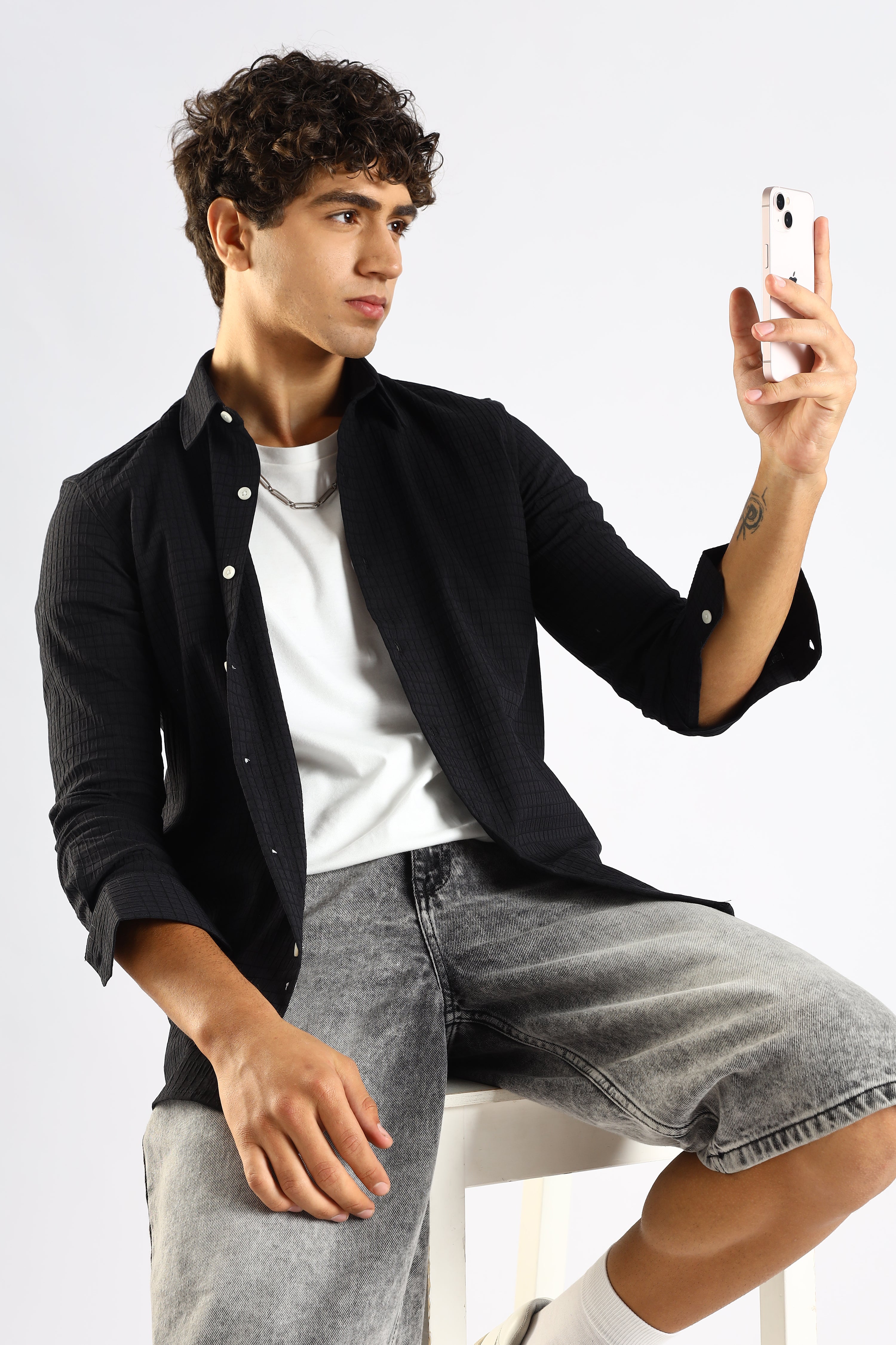 Men Black Poly Blend Slim Fit Shirt