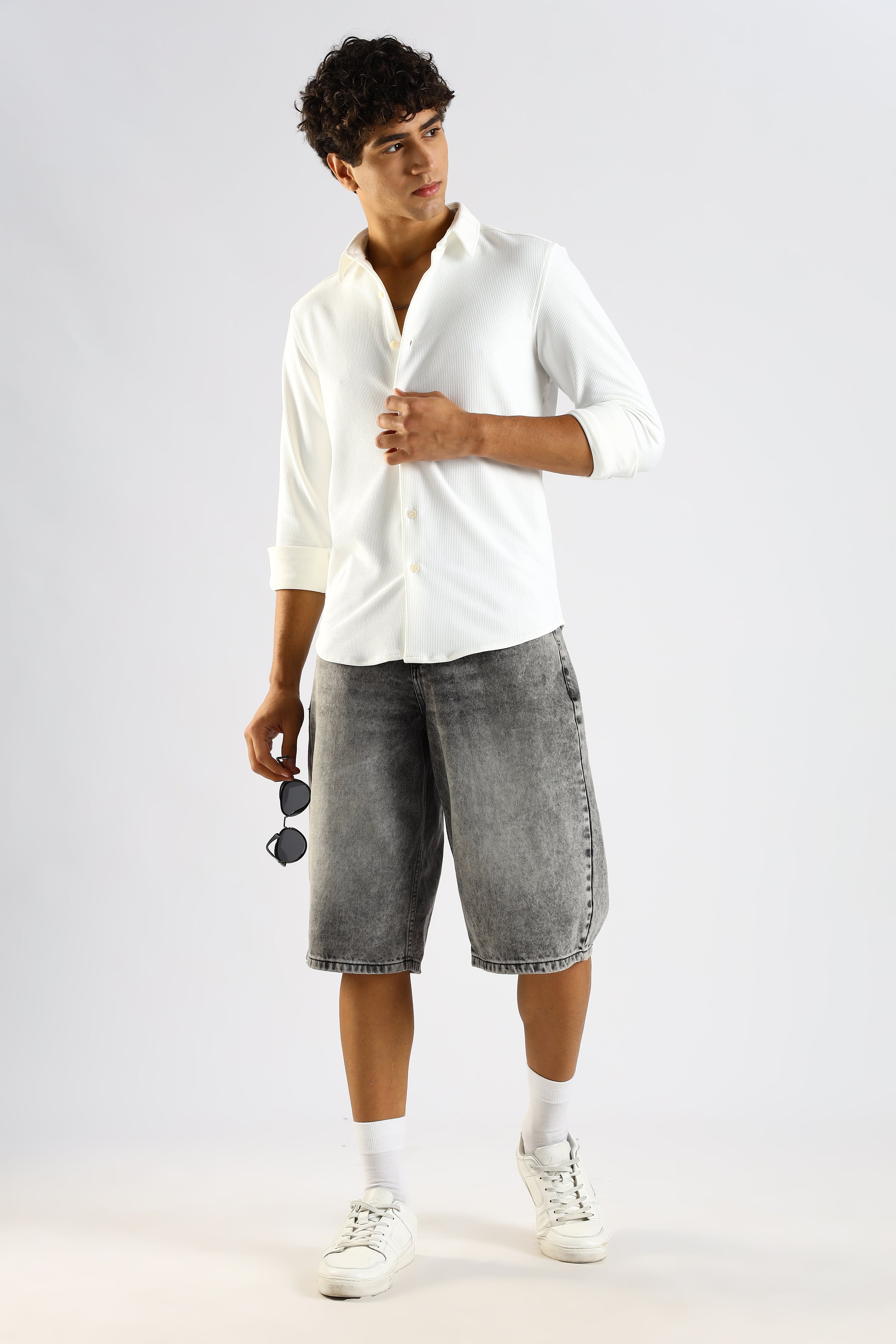 Men White Textured Spread Collar Shirt