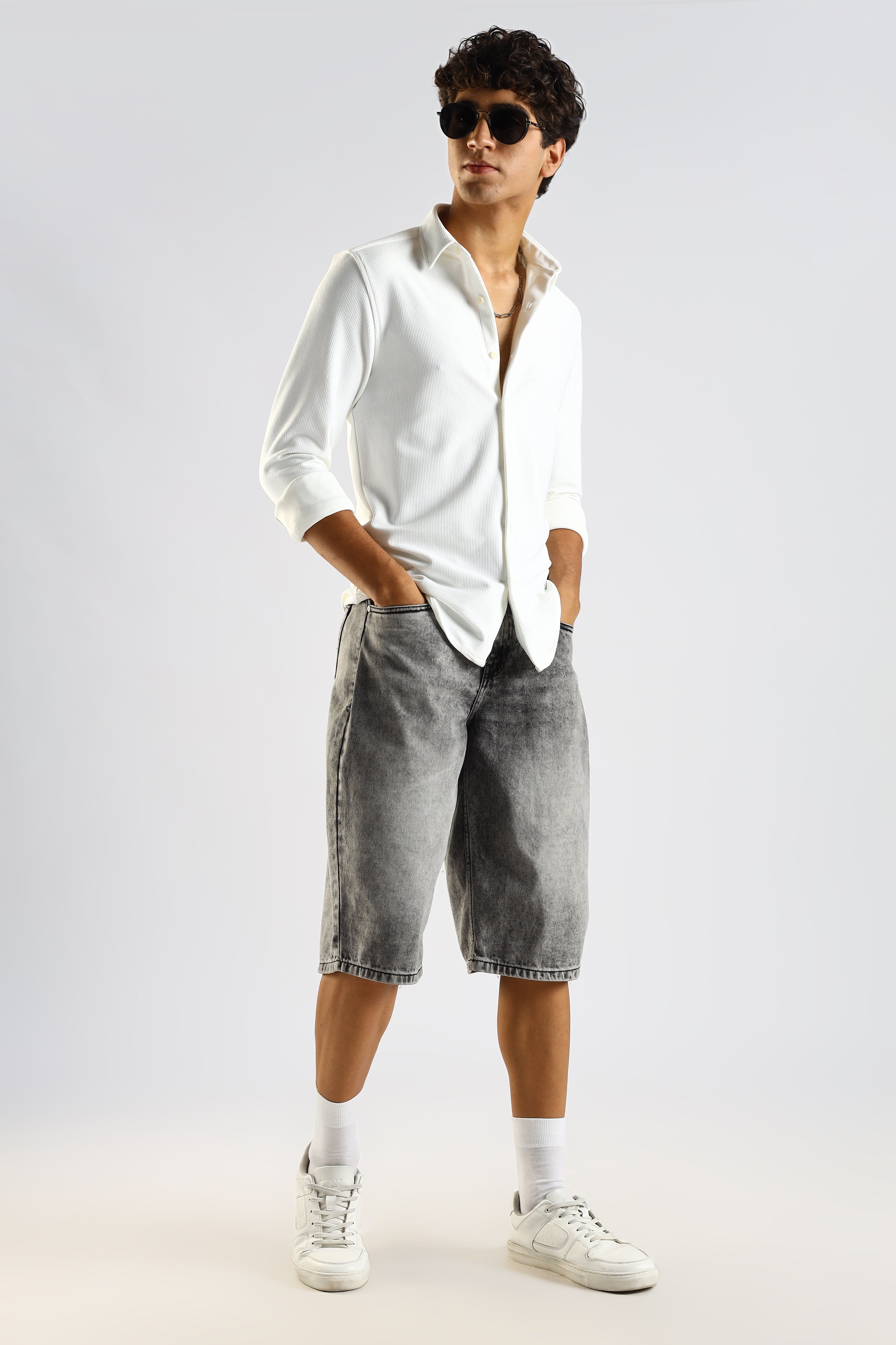 Men White Textured Spread Collar Shirt