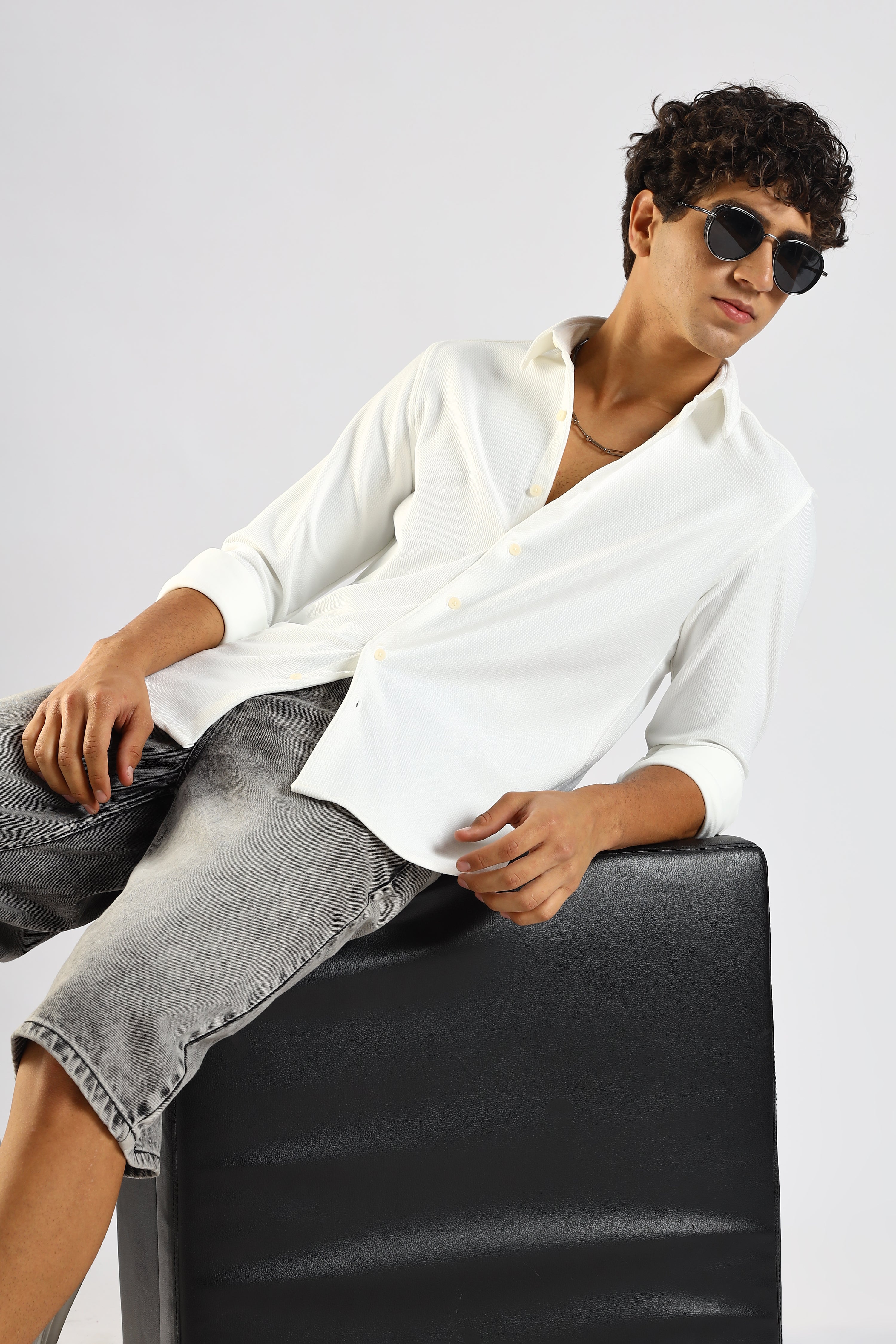 Men White Textured Spread Collar Shirt