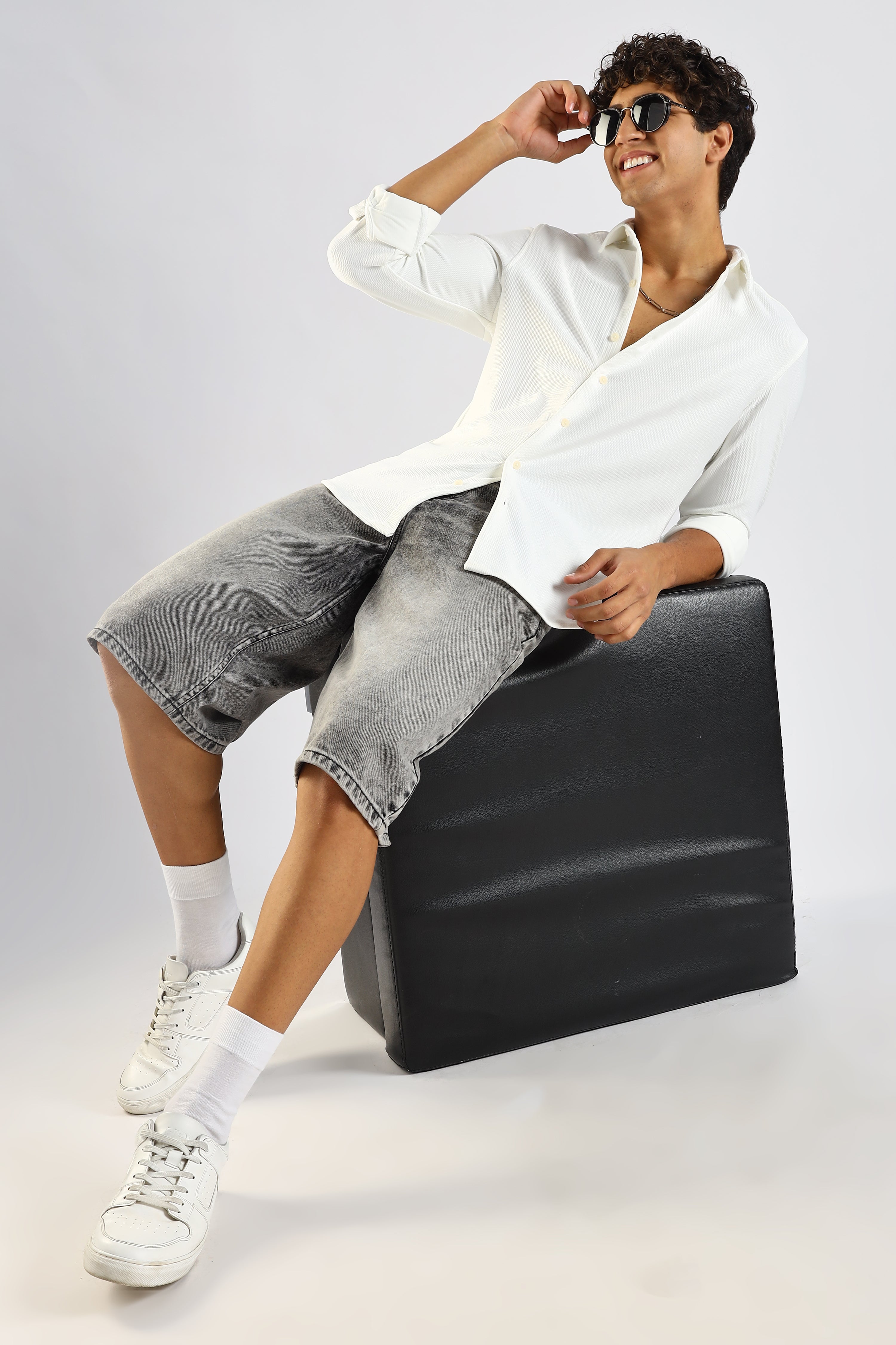 Men White Textured Spread Collar Shirt