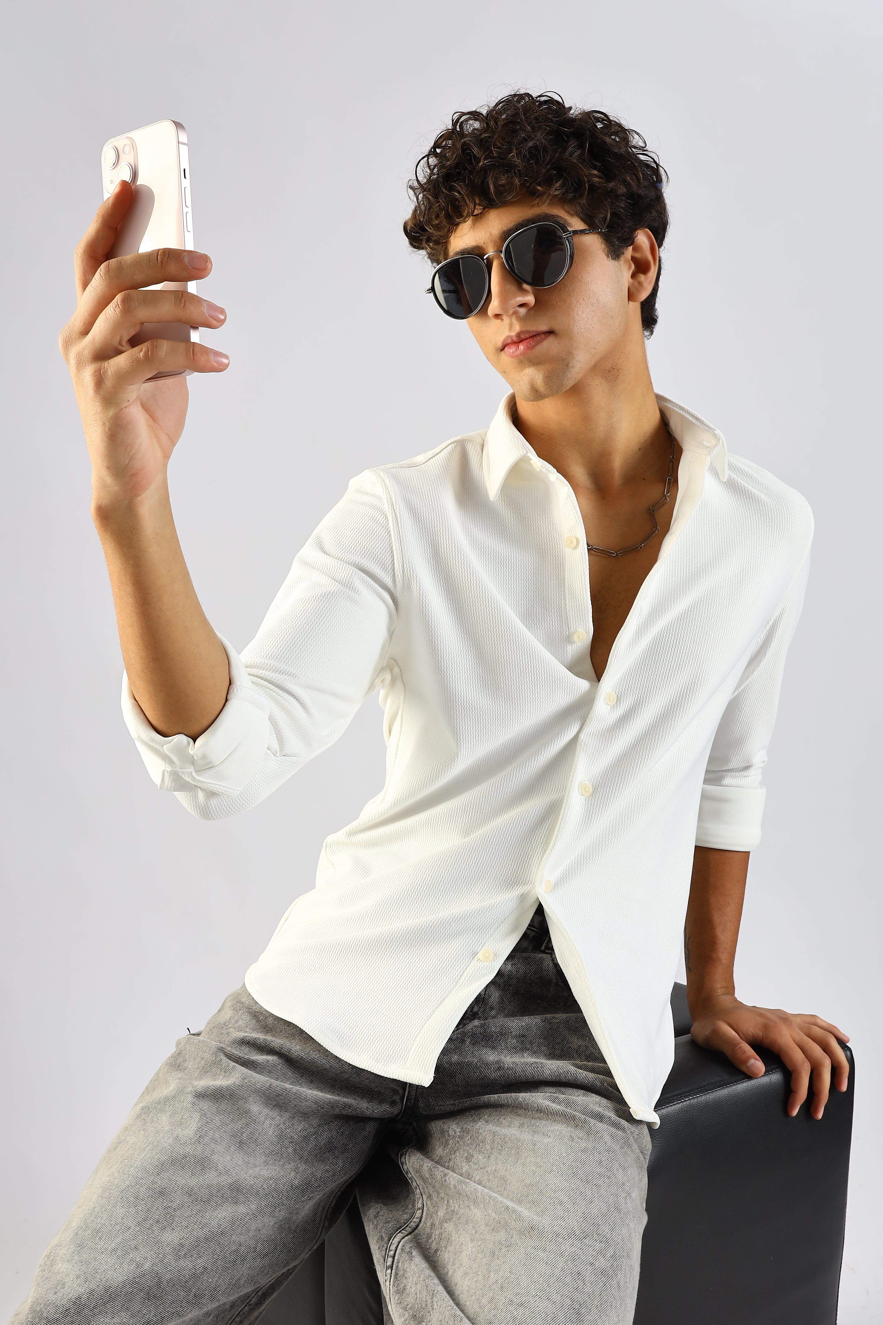 Men White Textured Spread Collar Shirt