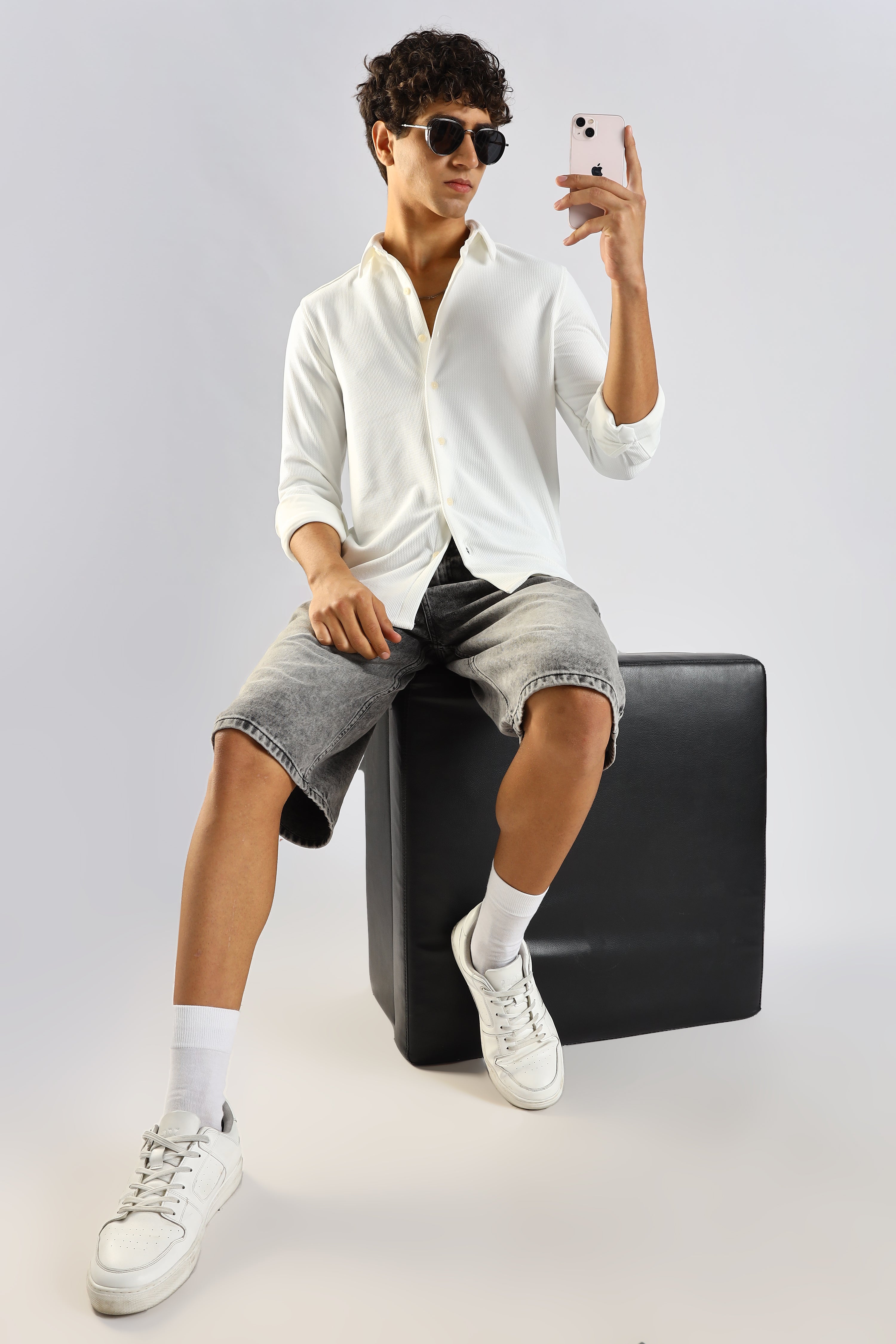 Men White Textured Spread Collar Shirt