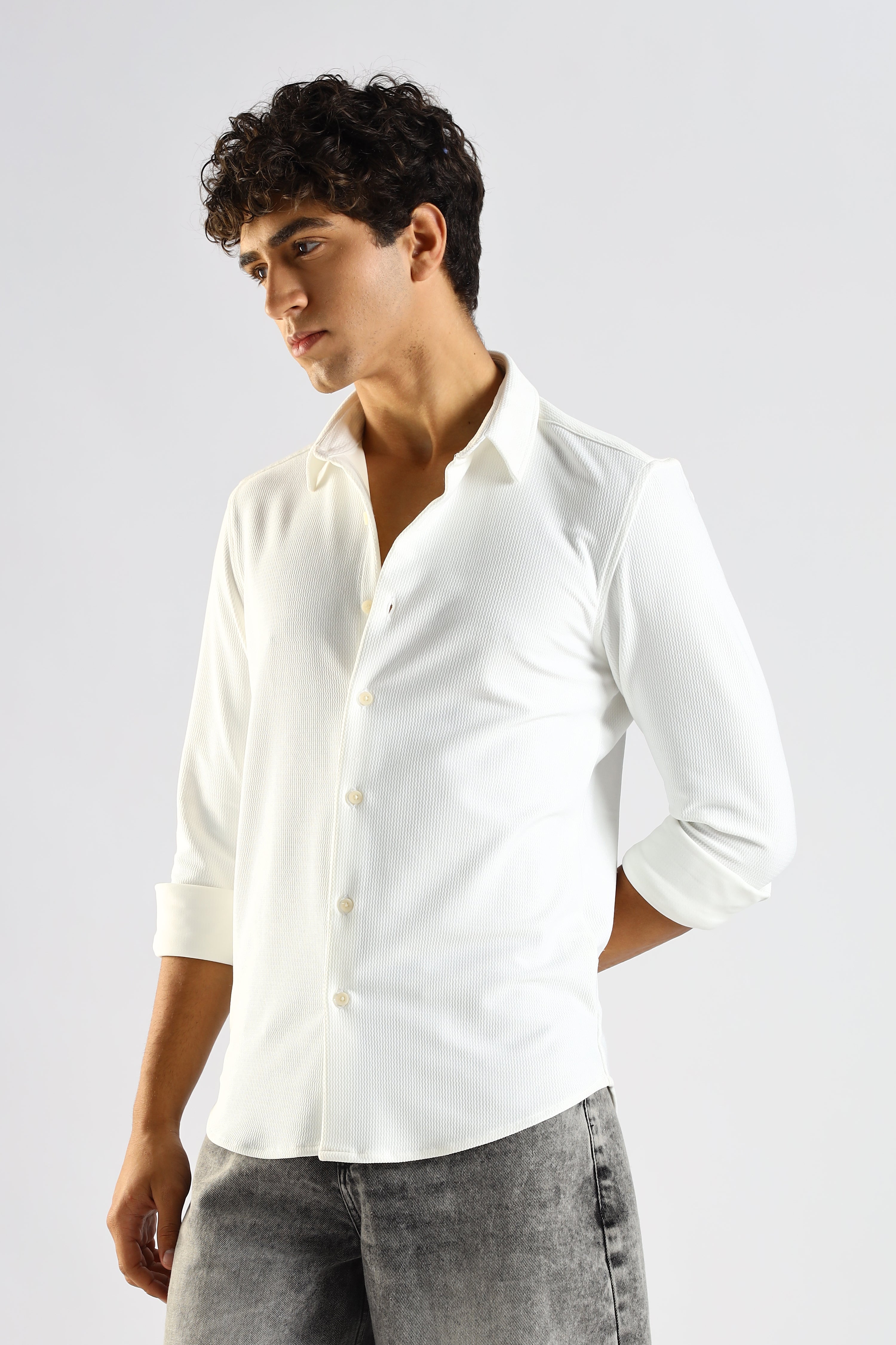 Men White Textured Spread Collar Shirt
