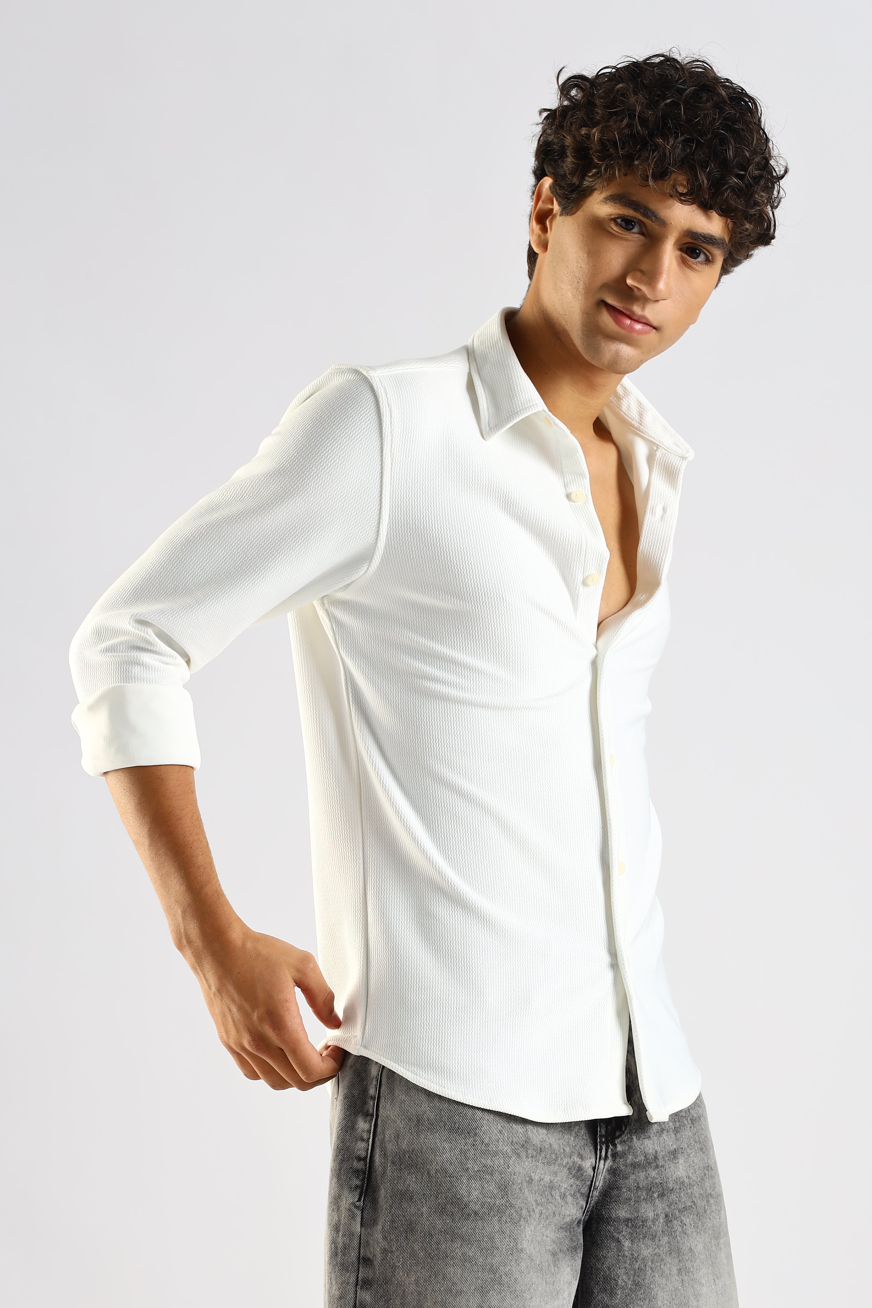 Men White Textured Spread Collar Shirt
