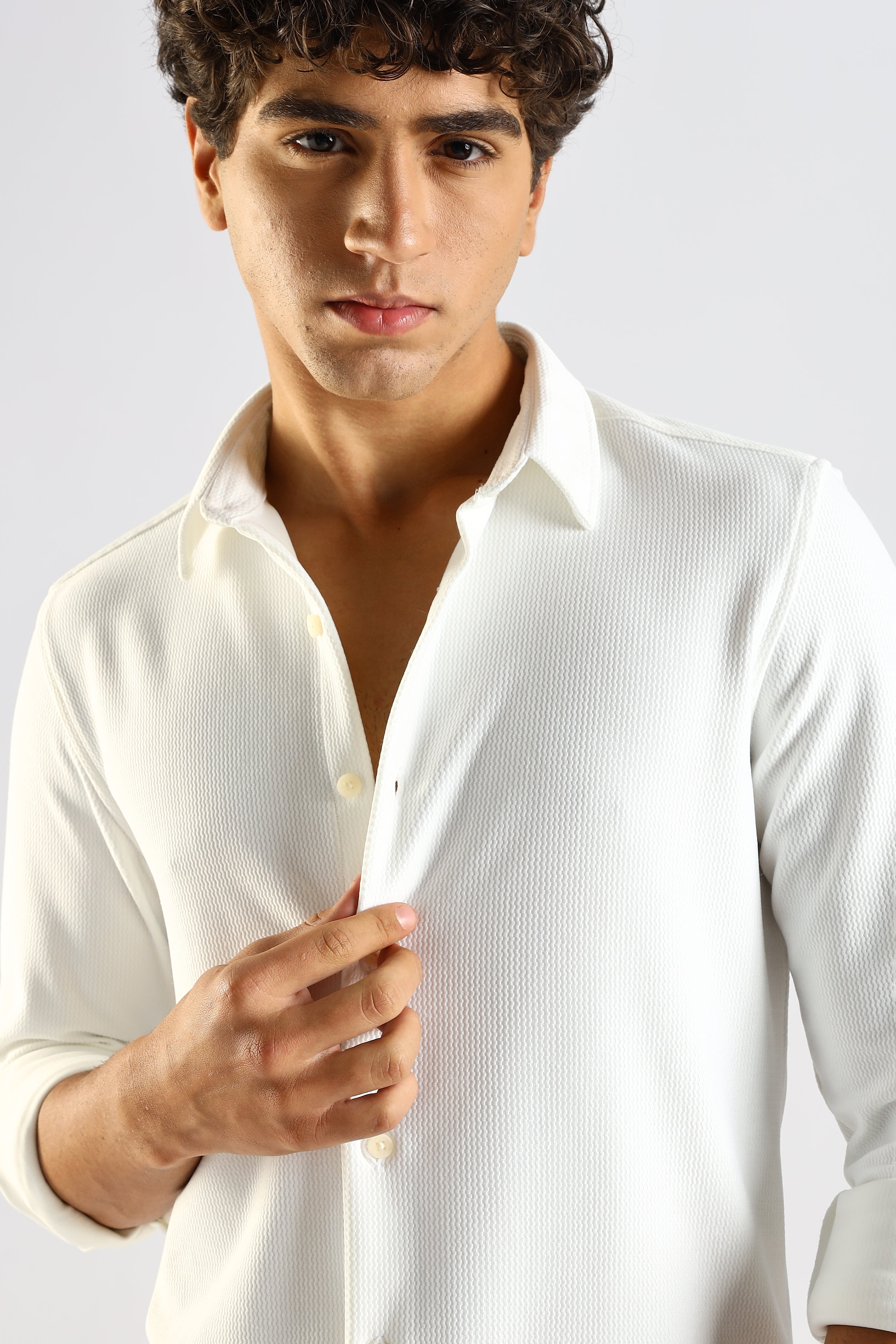Men White Textured Spread Collar Shirt