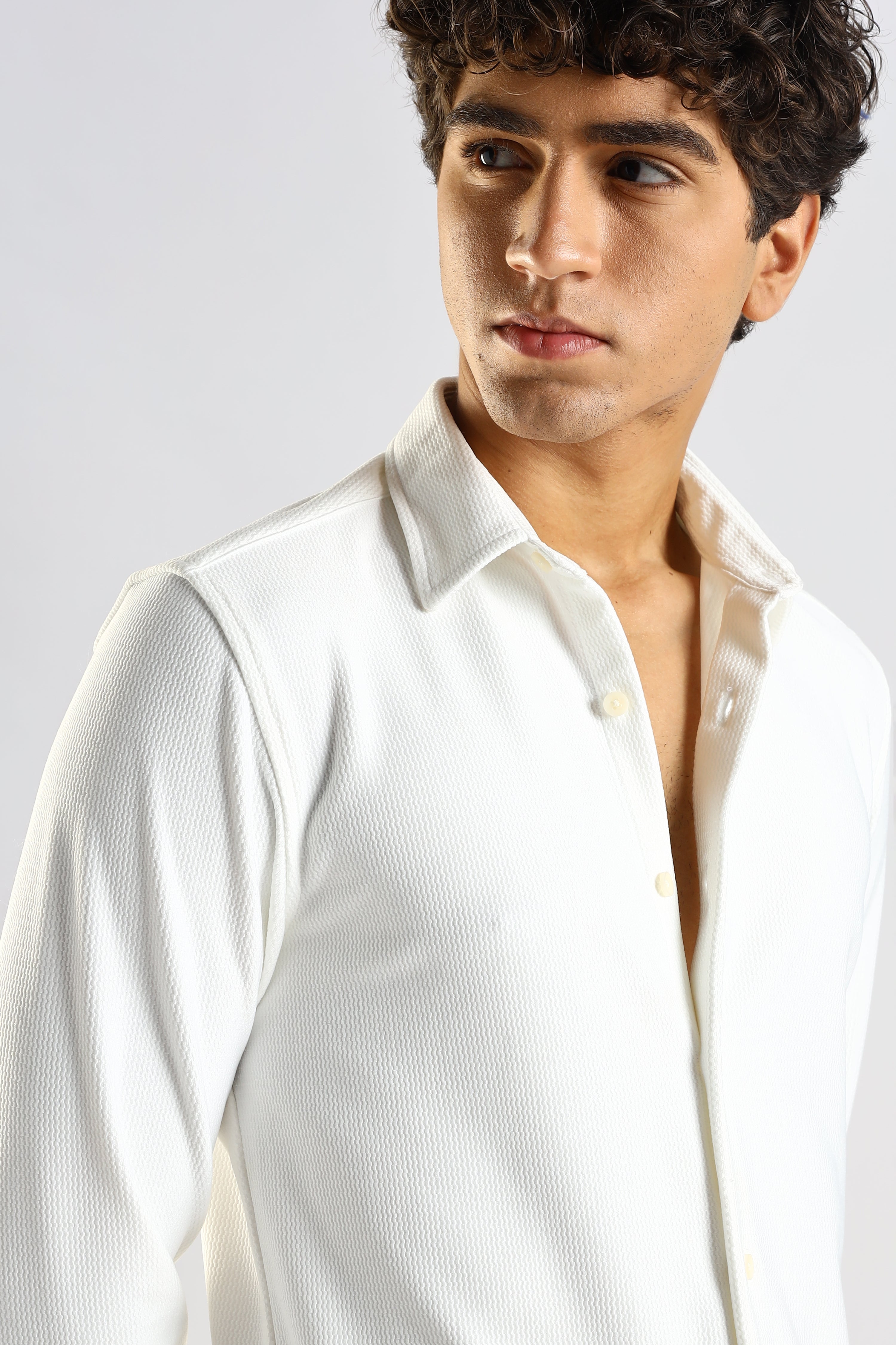 Men White Textured Spread Collar Shirt