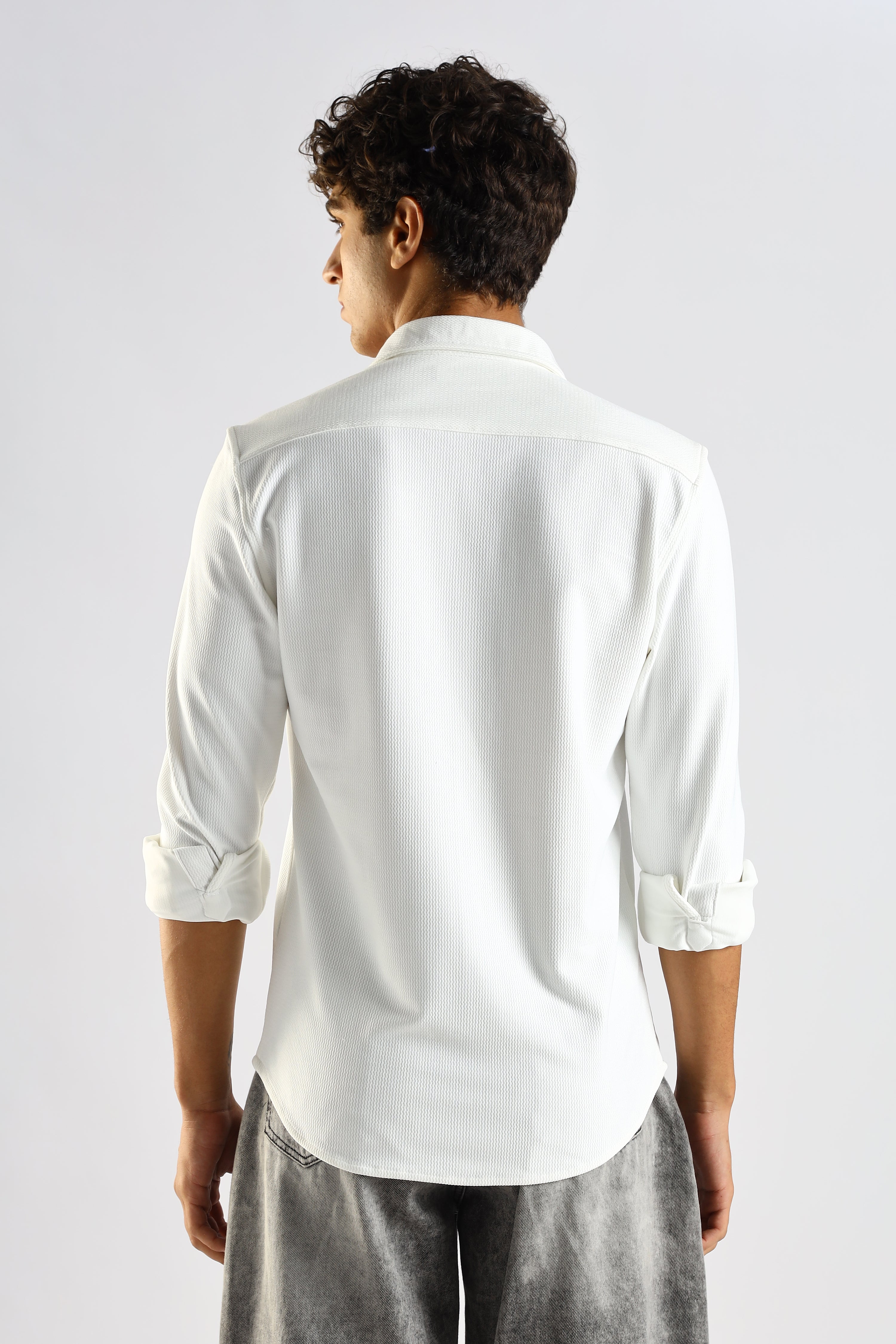 Men White Textured Spread Collar Shirt