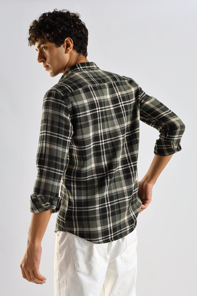Men Olive Cotton Blend Checked Shirt
