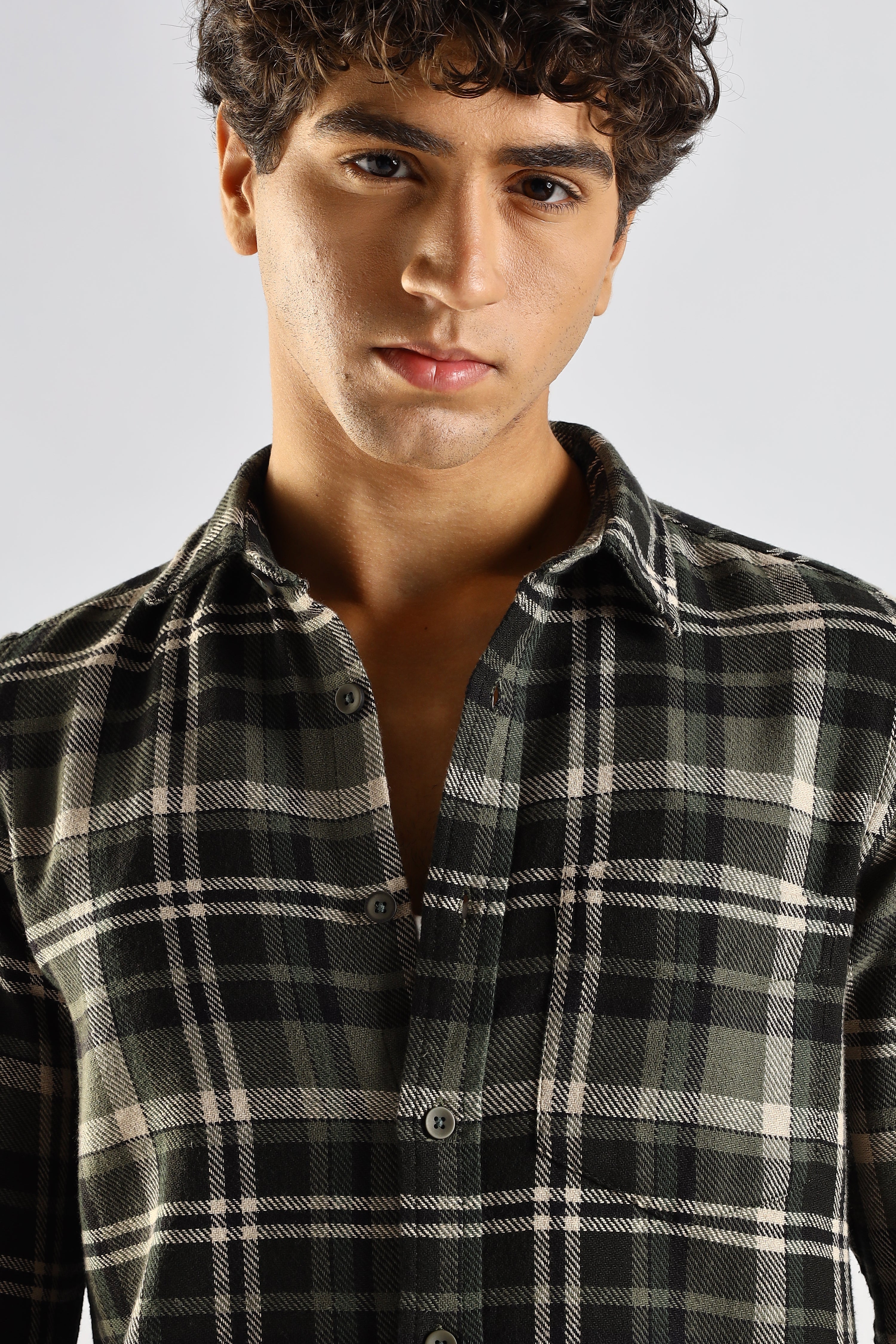 Men Olive Cotton Blend Checked Shirt
