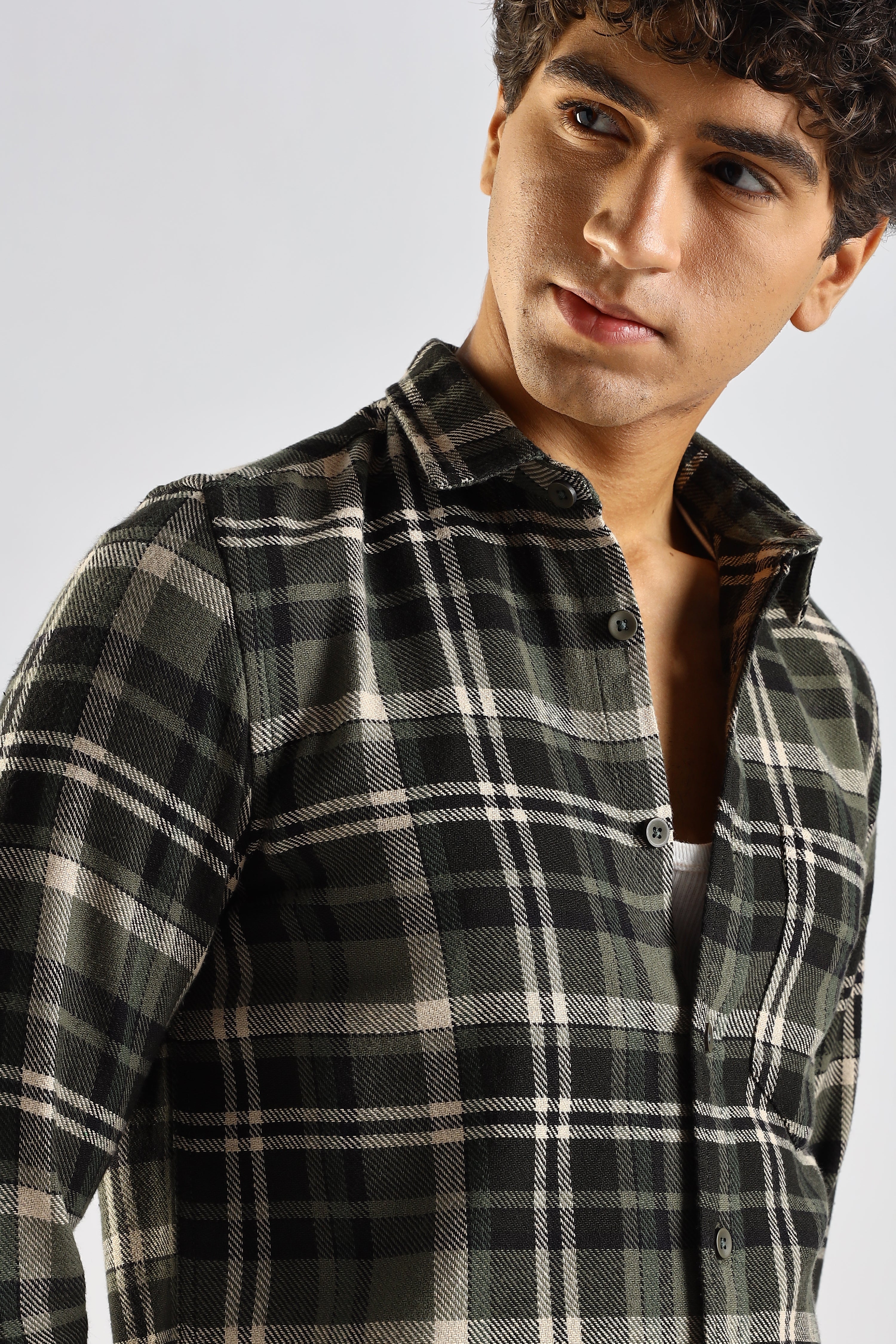 Men Olive Cotton Blend Checked Shirt