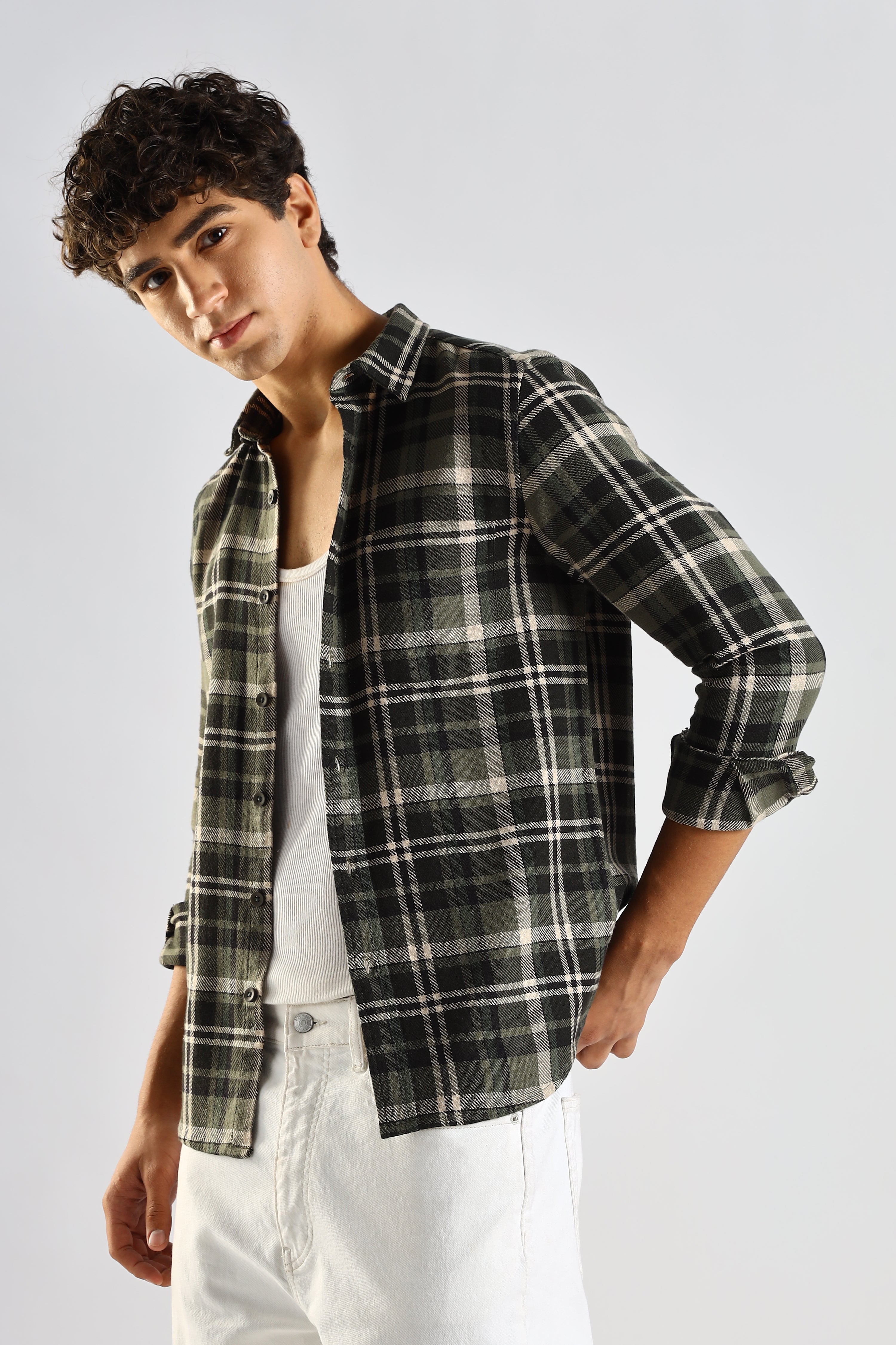 Men Olive Cotton Blend Checked Shirt