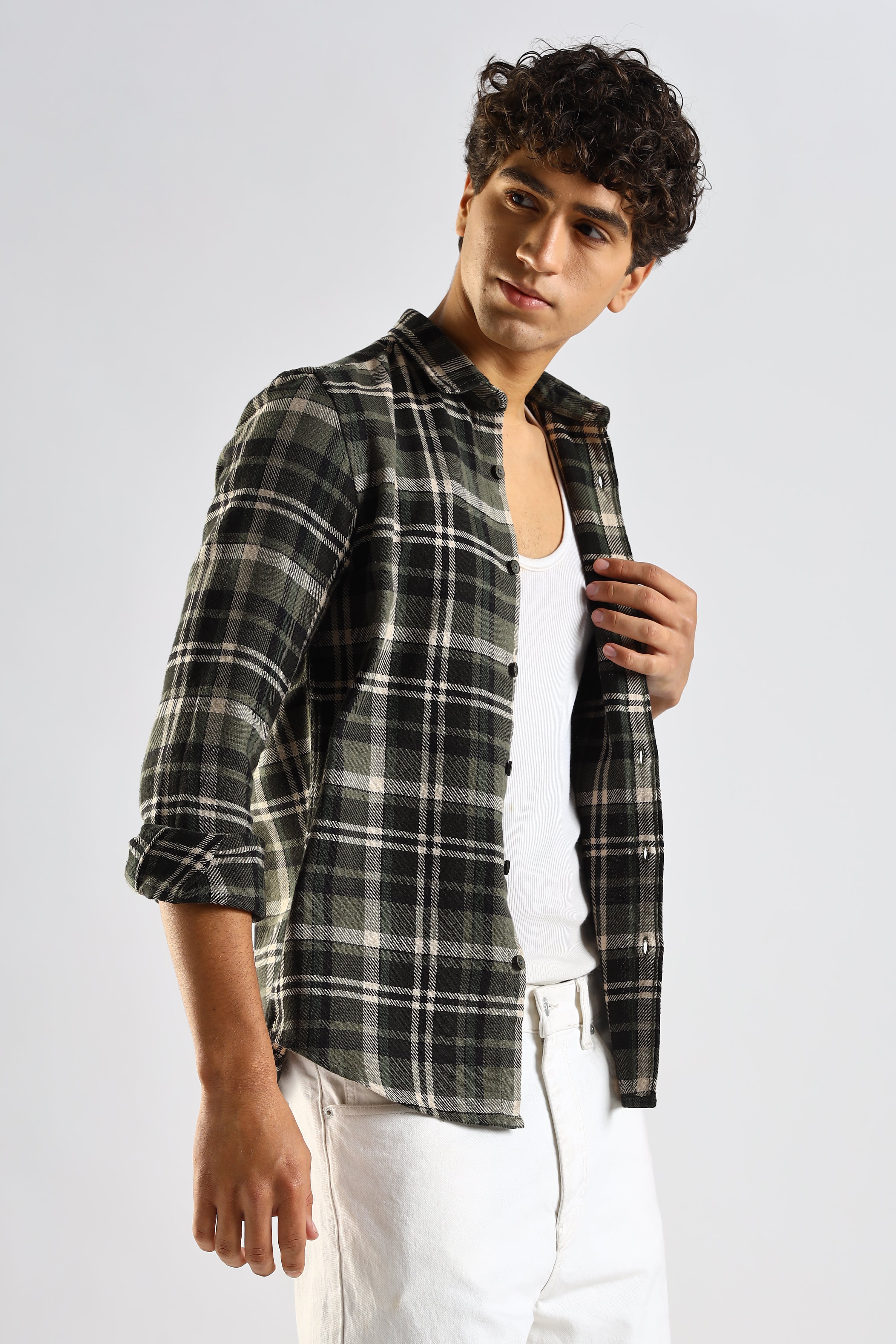Men Olive Cotton Blend Checked Shirt