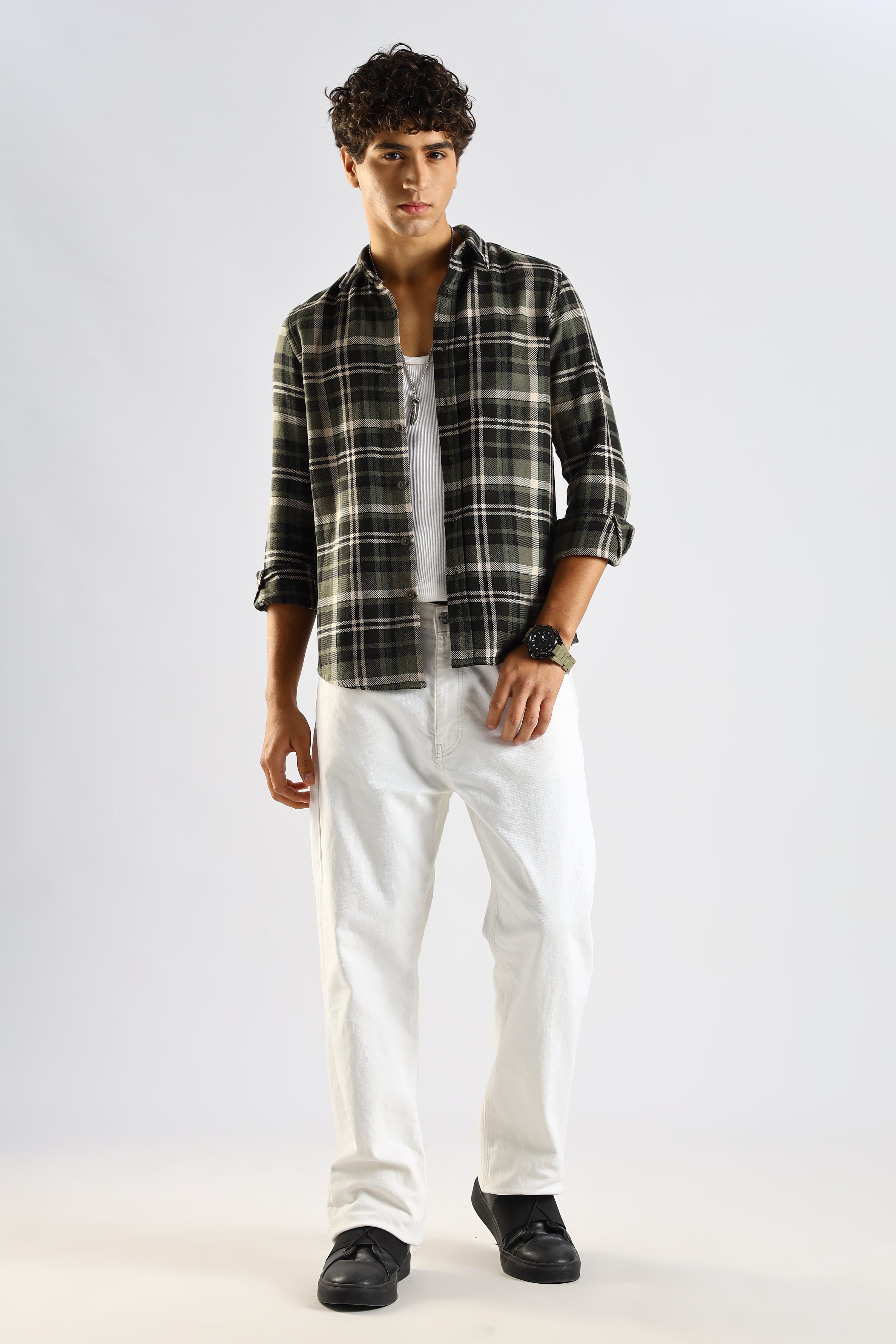Men Olive Cotton Blend Checked Shirt