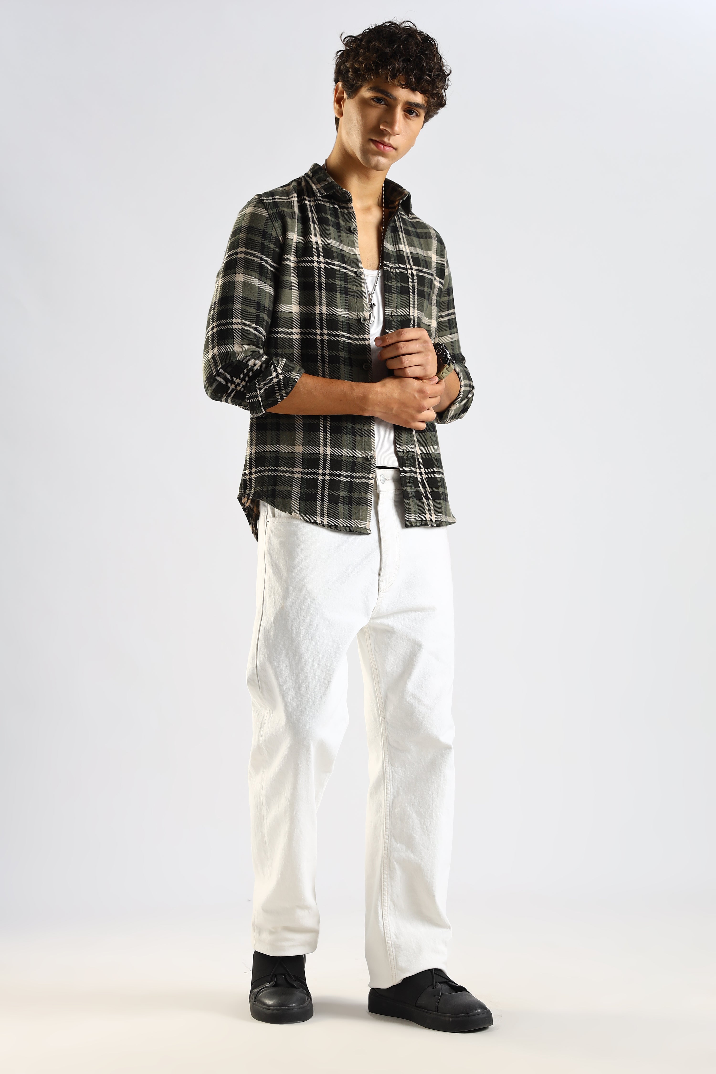 Men Olive Cotton Blend Checked Shirt