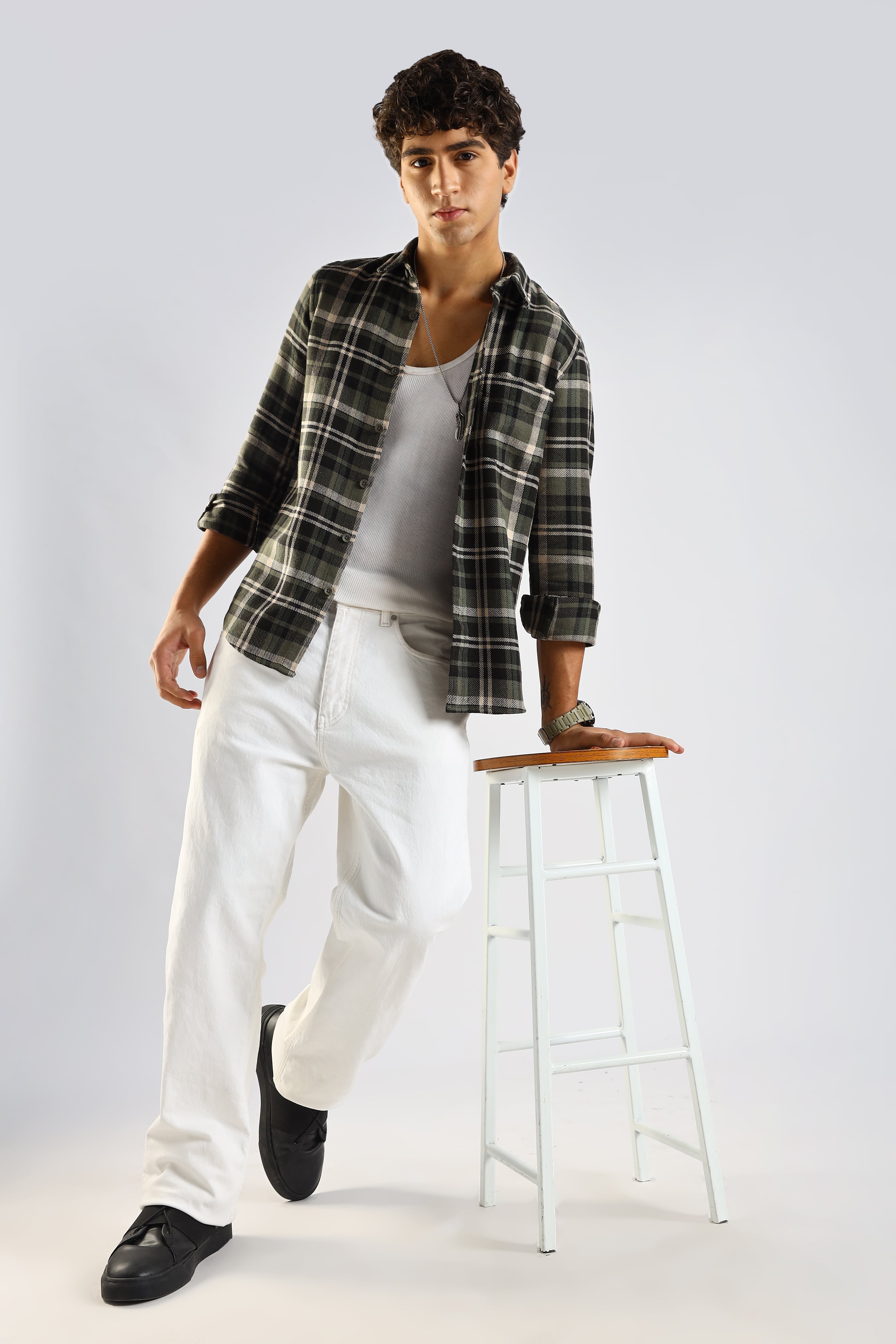 Men Olive Cotton Blend Checked Shirt