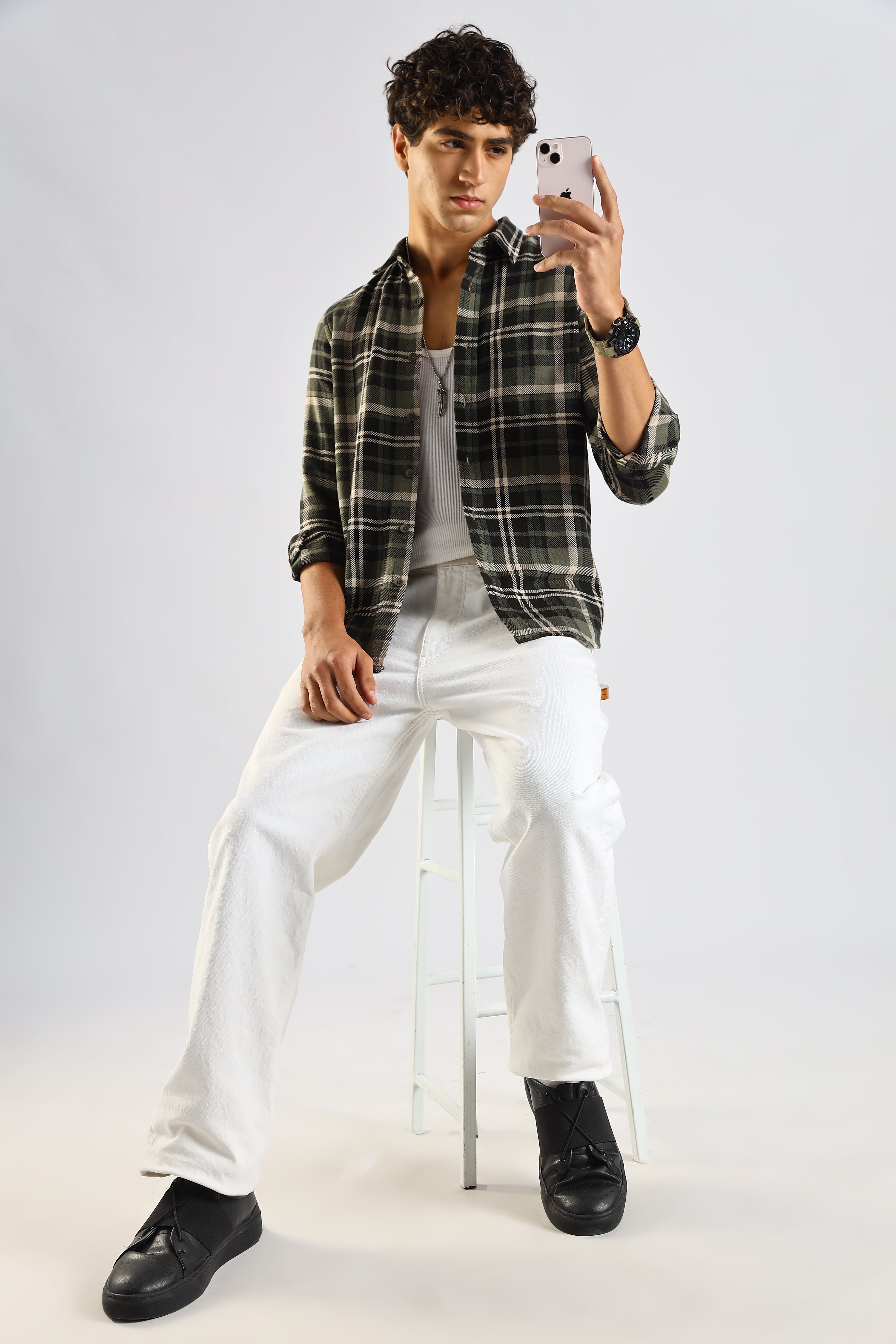 Men Olive Cotton Blend Checked Shirt