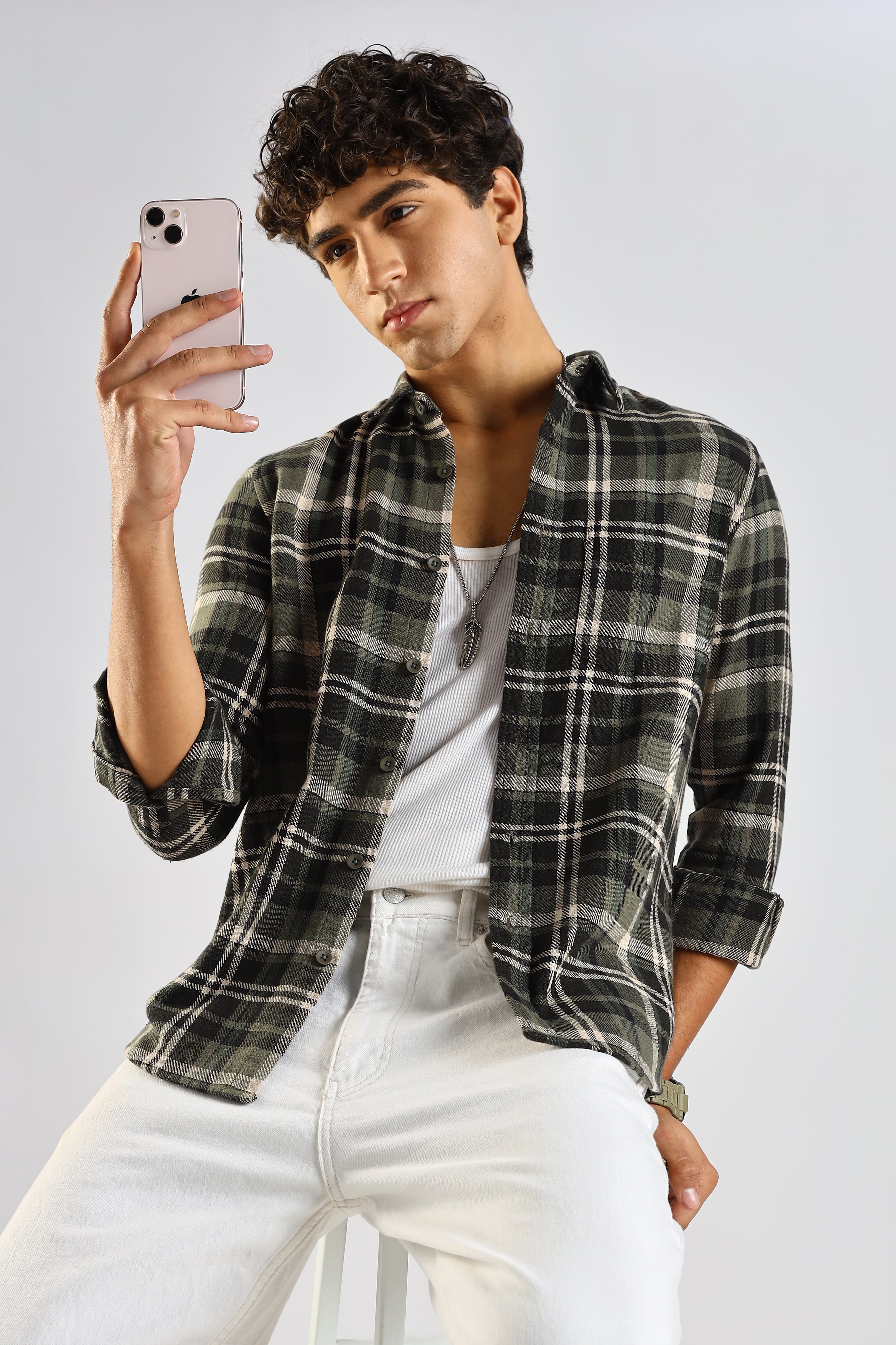 Men Olive Cotton Blend Checked Shirt