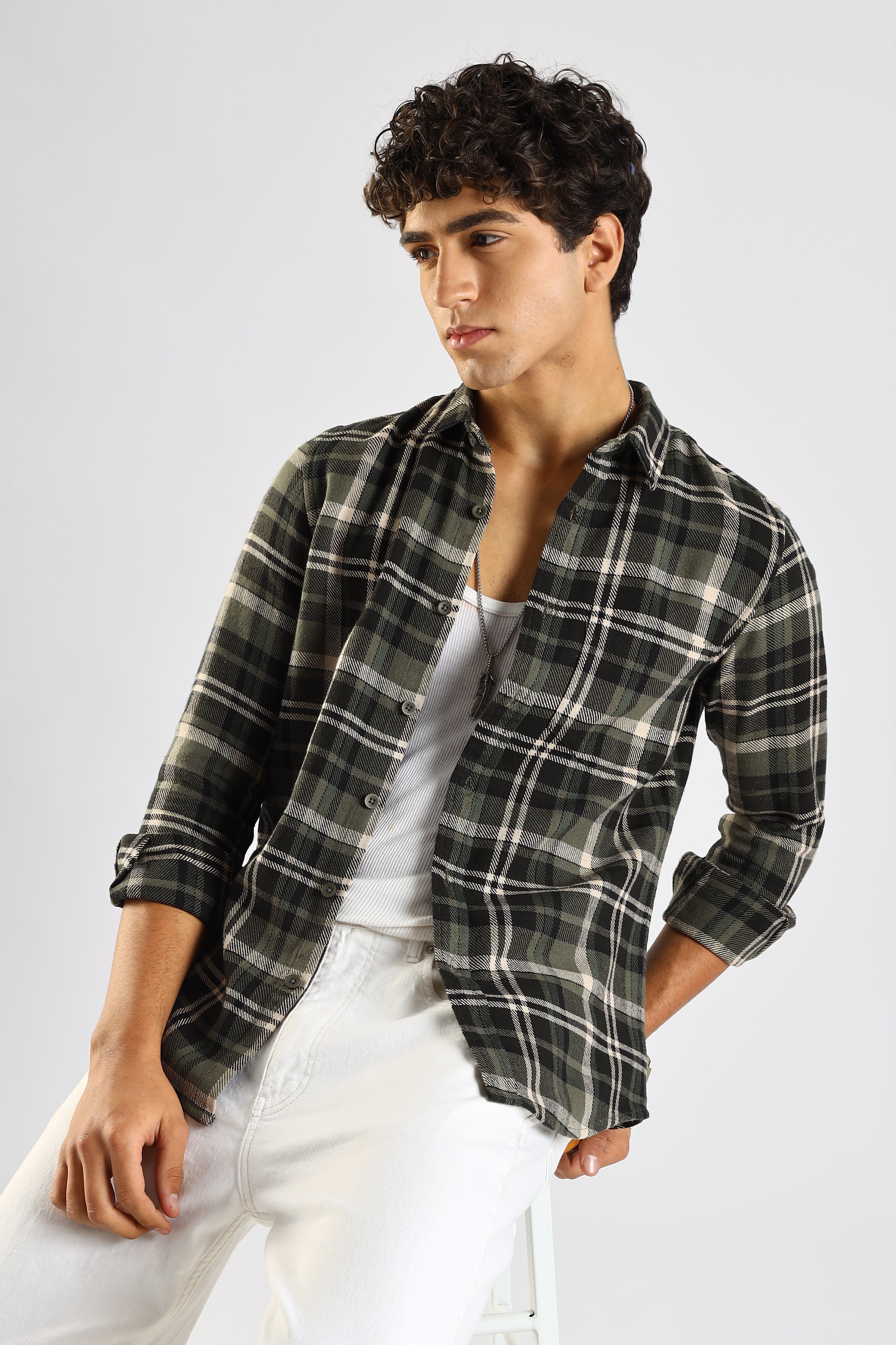 Men Olive Cotton Blend Checked Shirt