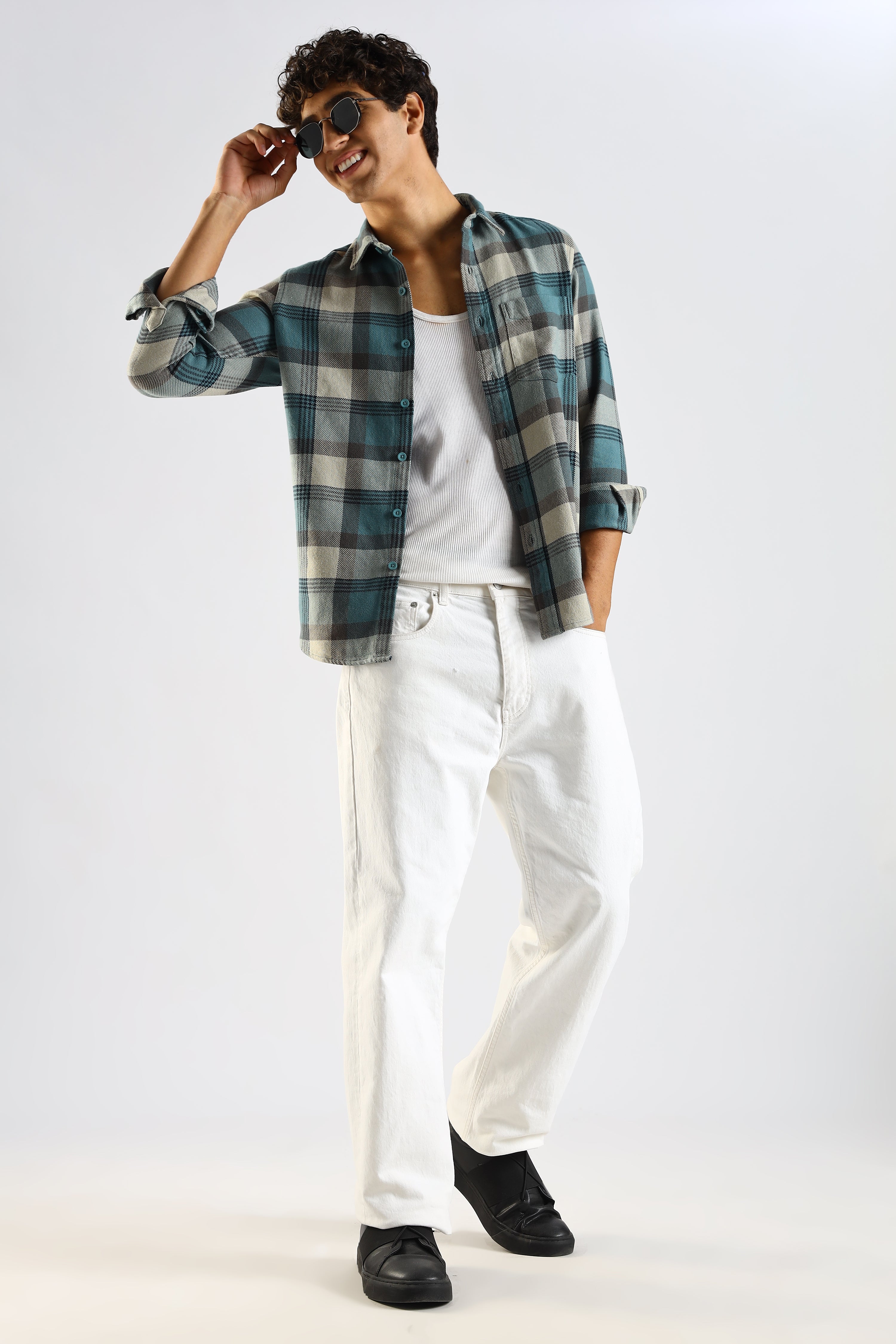 Men Blue Cotton Blend Checked Shirt