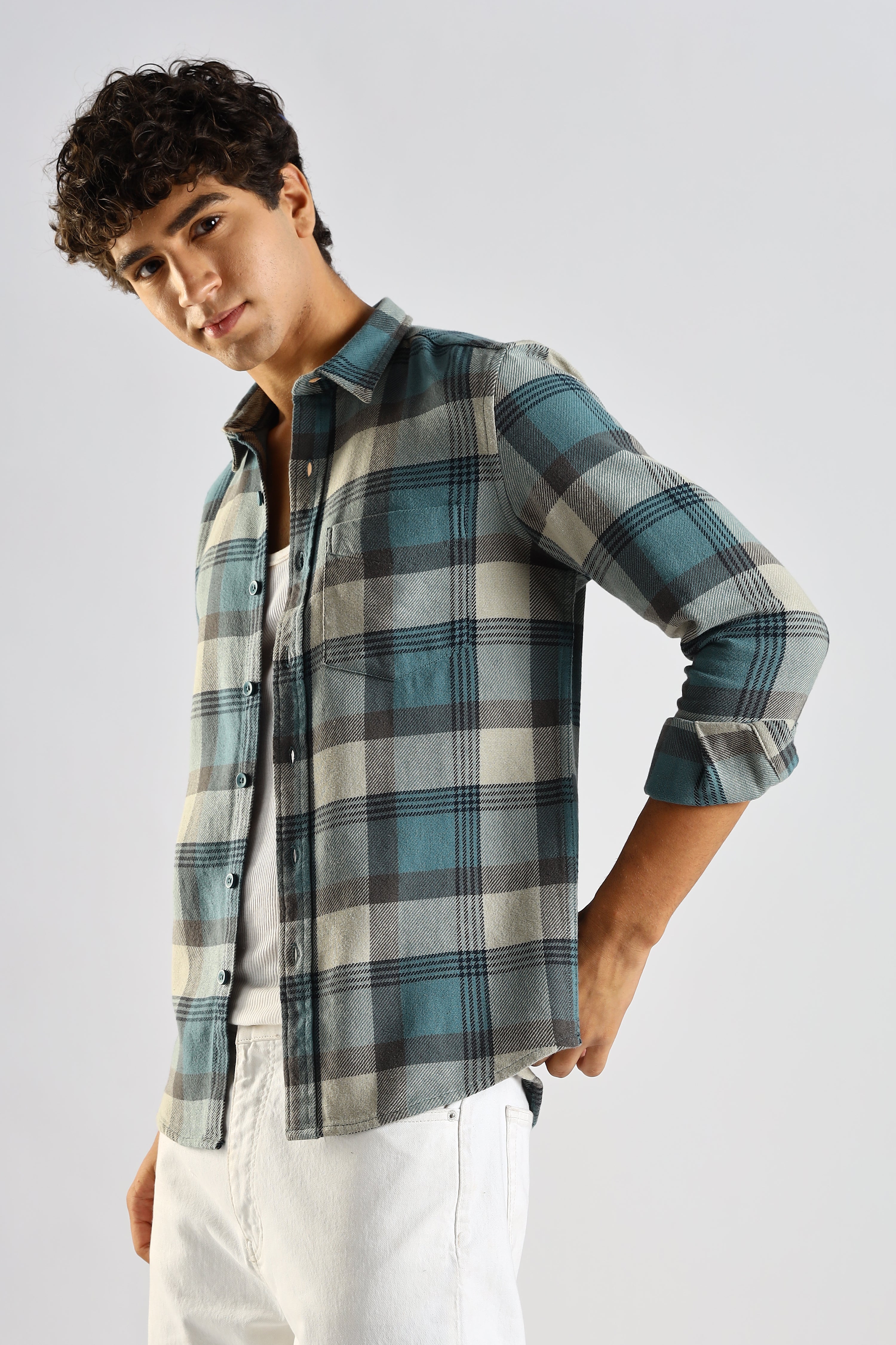 Men Blue Cotton Blend Checked Shirt