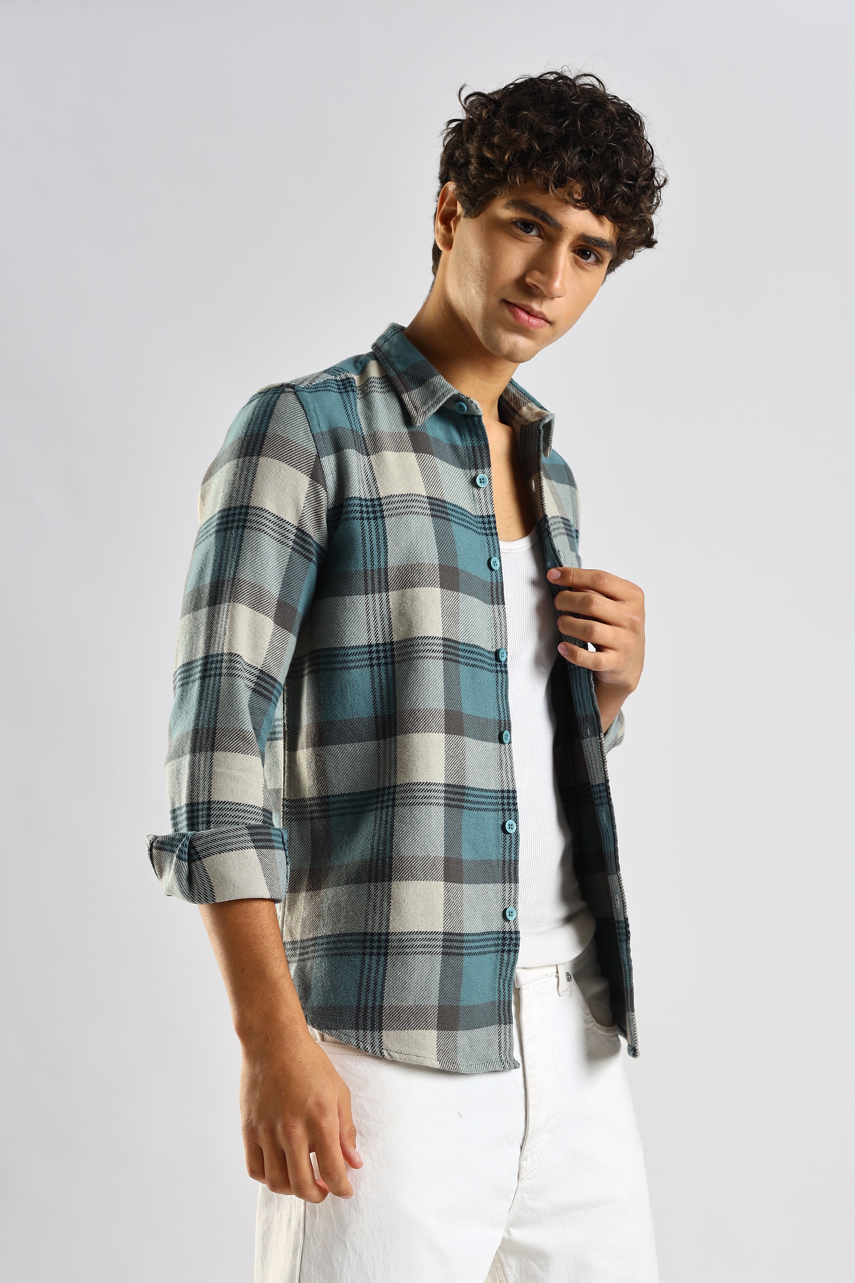 Men Blue Cotton Blend Checked Shirt