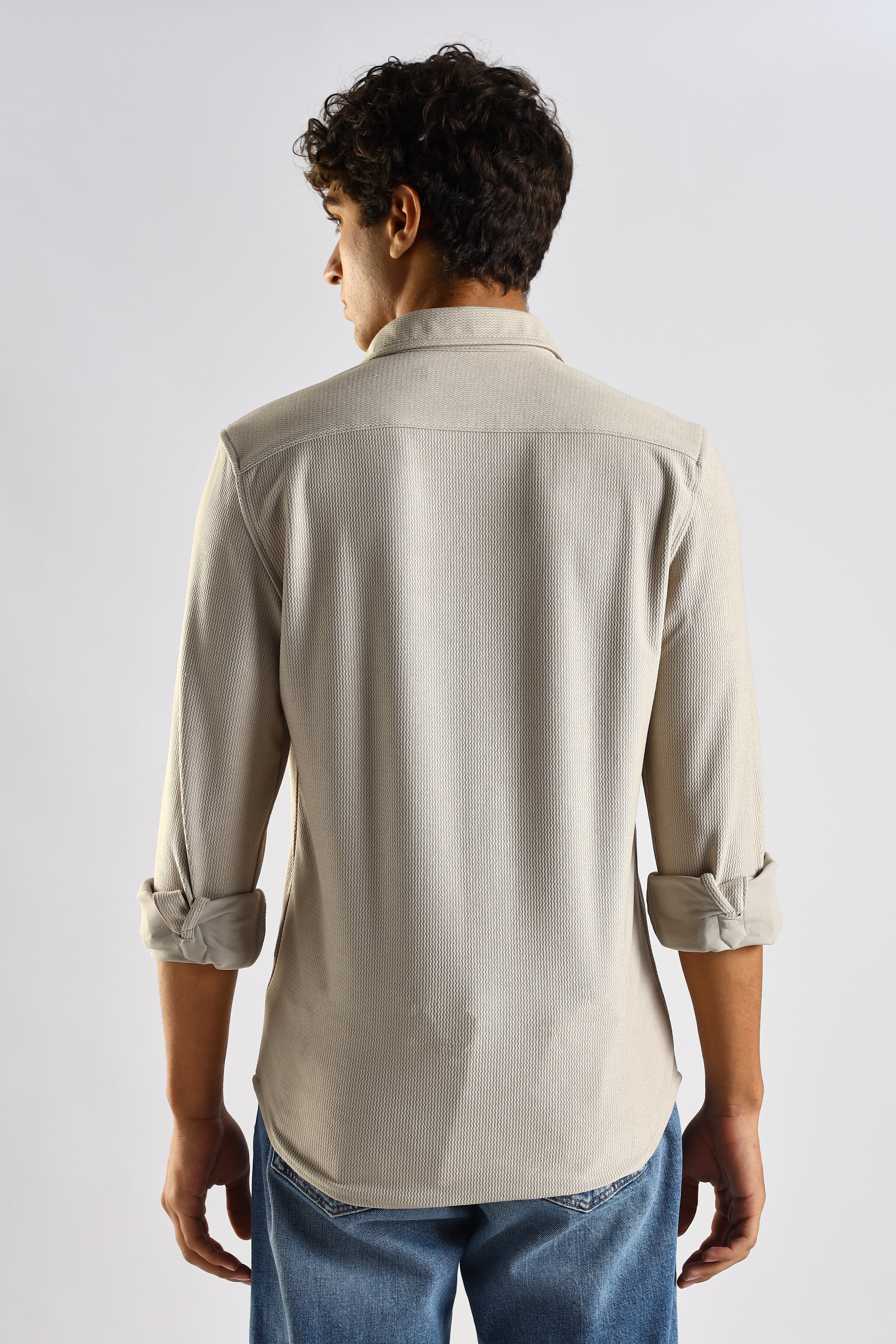 Men Cream Textured Spread Collar Shirt
