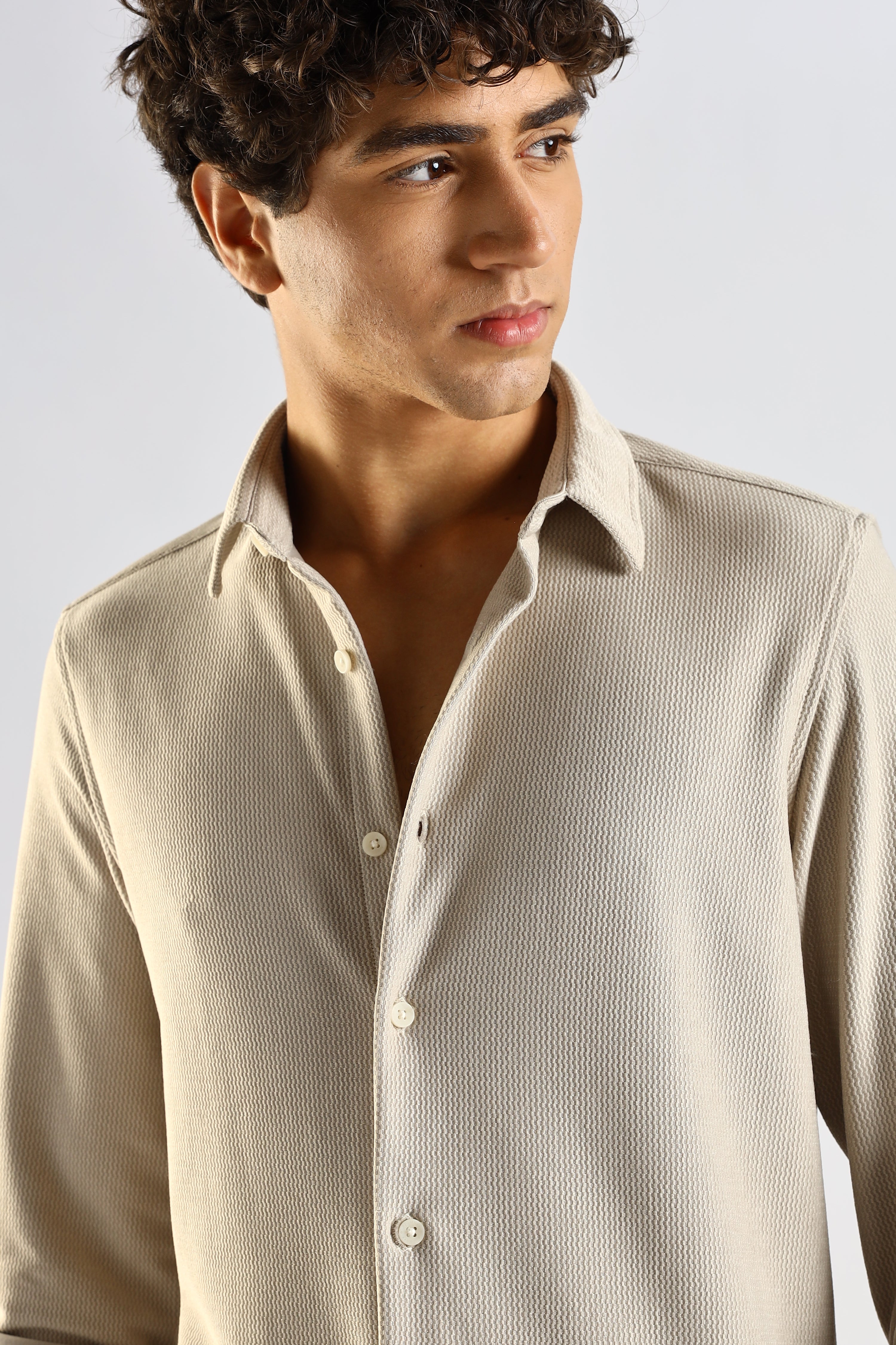 Men Cream Textured Spread Collar Shirt