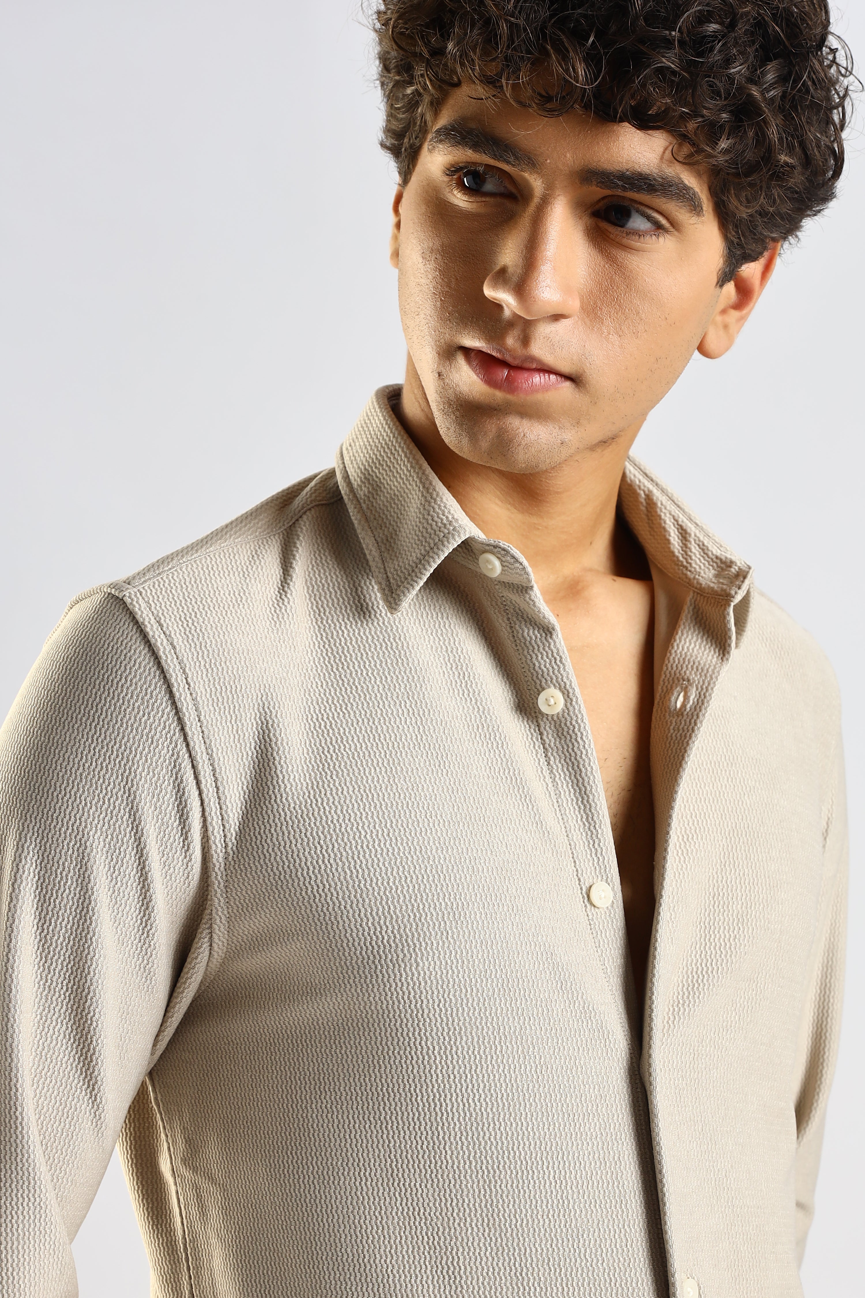 Men Cream Textured Spread Collar Shirt