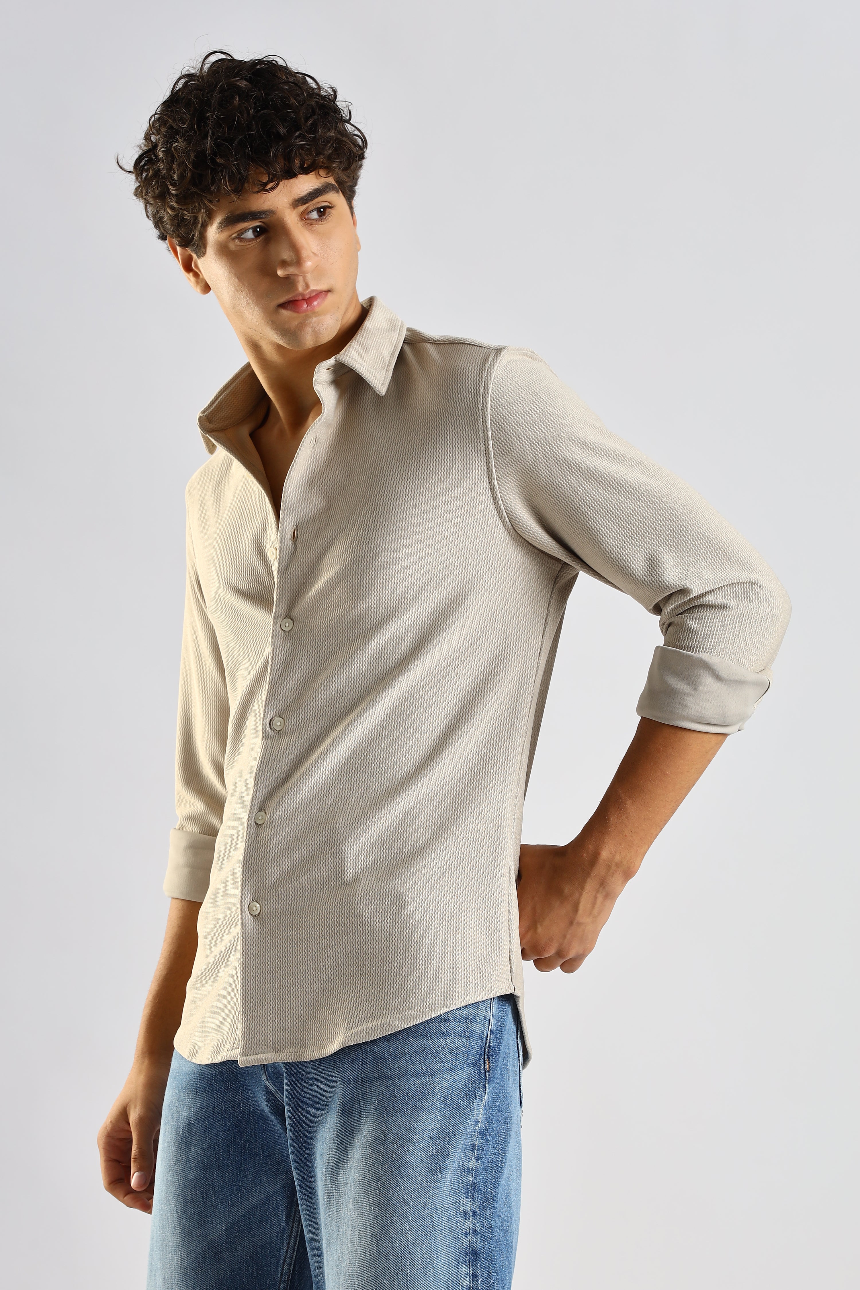 Men Cream Textured Spread Collar Shirt
